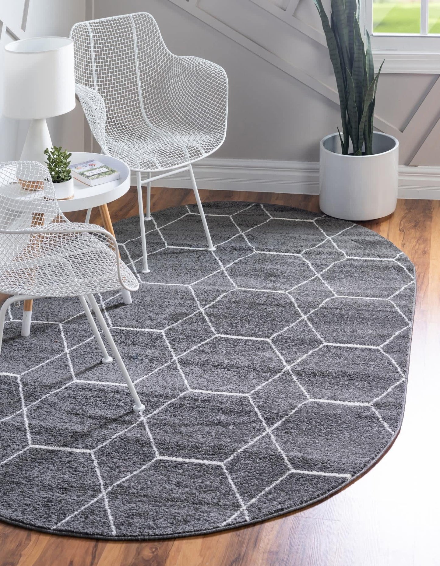 Unique Loom Trellis Frieze Collection Area Rug - Geometric (3' x 5' Oval, Dark Gray/ Ivory)