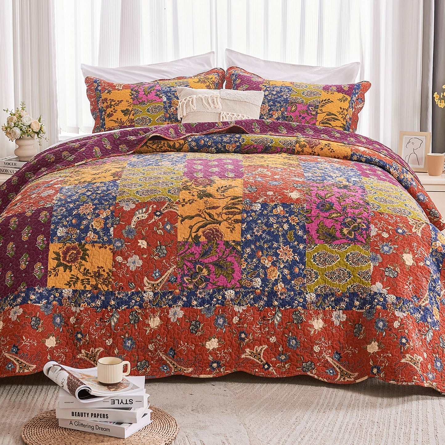 DECMAY 100% Cotton Quilt Queen Size, 3 Pieces Patchwork Bedspreads Queen Quilt Bedding Set, Lightweight Farmhouse Reversible Coverlet Comforter Set with 2 Pillowcases for All Seasons, Orange