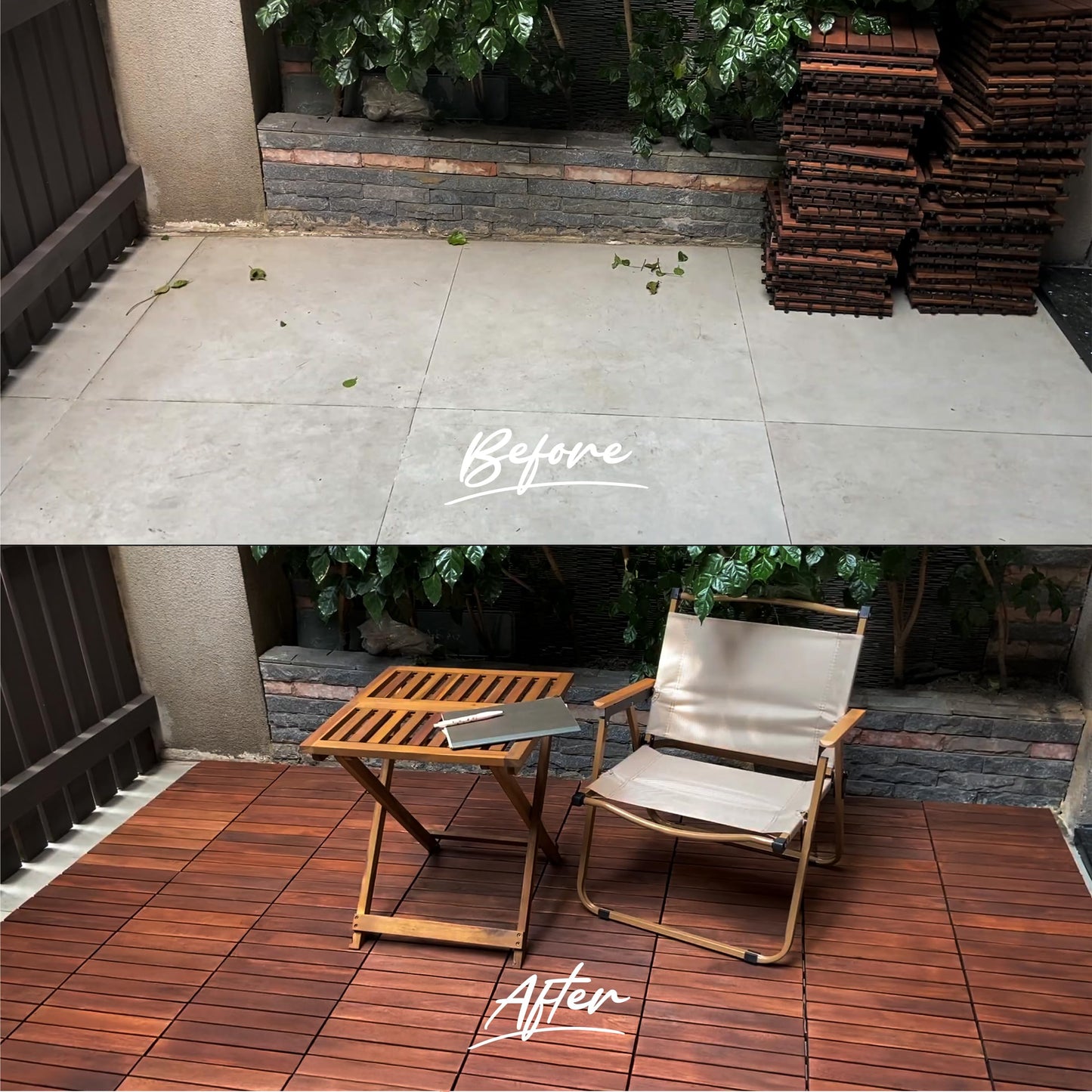 GREEN ALLUVIUM Premium Acacia Wood Interlocking Deck Tiles, 12"x12"x0.9" Outdoor Patio Flooring, Waterproof All-Weather Use, 9 PCS, Dark Brown – Striped Pattern