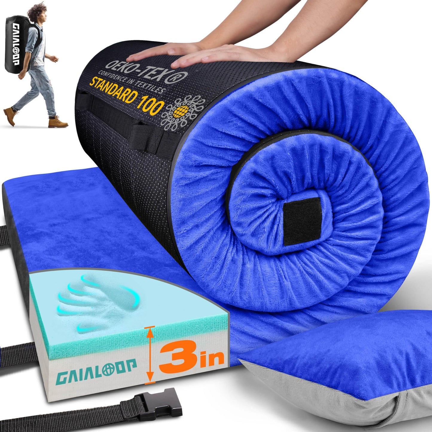 GAIALOOP 3 Inch Memory Foam Camping Mattress, Dual Layer Thick Sleeping Camp Pad for Car Tent Cot, Roll-Up Portable Glamping Floor Bed for Guests Sleepover[Cot: 72 * 24 * 3"]