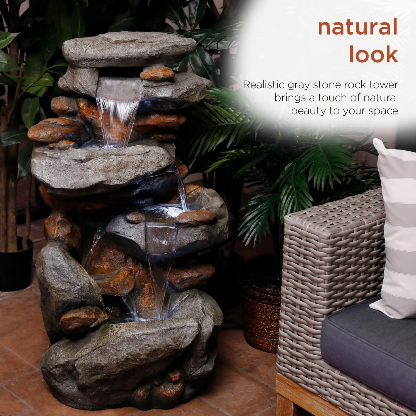 Alpine Corporation | 40" 4-Tier Rock Floor Fountain with Cascading Water & White LED Lights, Tranquil Outdoor Water Feature for Garden, Patio, Yard & Deck, Light Gray