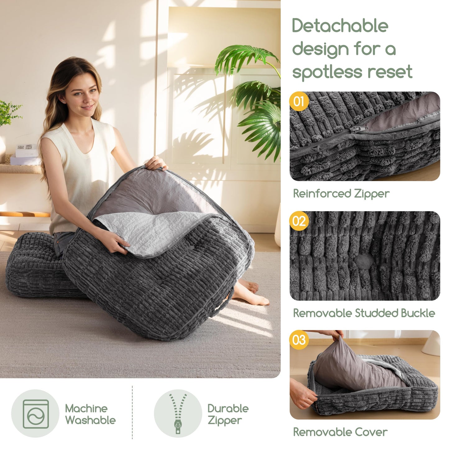 Washable Floor Pillow Cushion for Adults, Meditation Cushion Pillow, Removable Tufted Blended Corduroy Cover, Large Square Floor Sitting for Tatami Living Room or Yoga, 22x22 Inch, Machine Washable