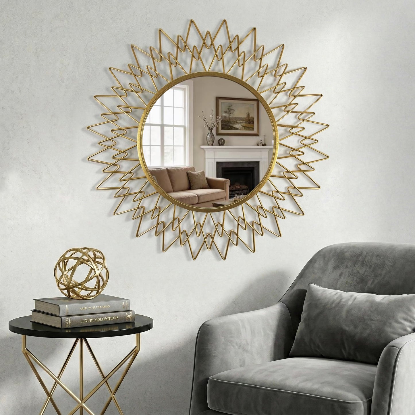 Qiqiong 36" Large Gold Sunburst Wall Mirror - Mid Century Modern Round Starburst Mirror with Metal Radiating Frame - Statement Decorative Wall Art for Living Room, Entryway, Fireplace Mantel