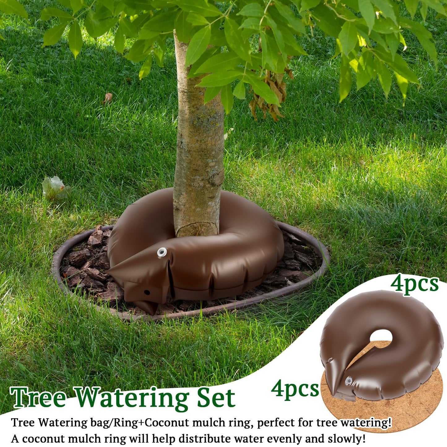 Sunnychicc 4 Set Tree Watering Ring 20gal Watering Bags with Coconut Fiber Mulch Ring – Deep Root and Slow Release Automatic Drip Irrigation System for New Trees, Multi-Trunk Trees and Shrubs