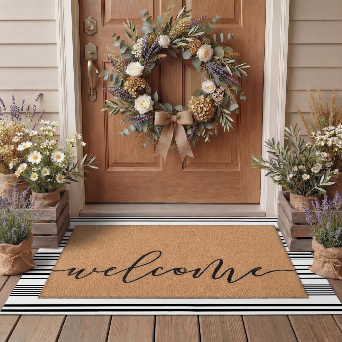 Tinideya 2 Pcs Door Mat Welcome Non Slip Coir Mats Floor Layering Doormats Seasonal for Front Porch Entryway Decor(Welcome)