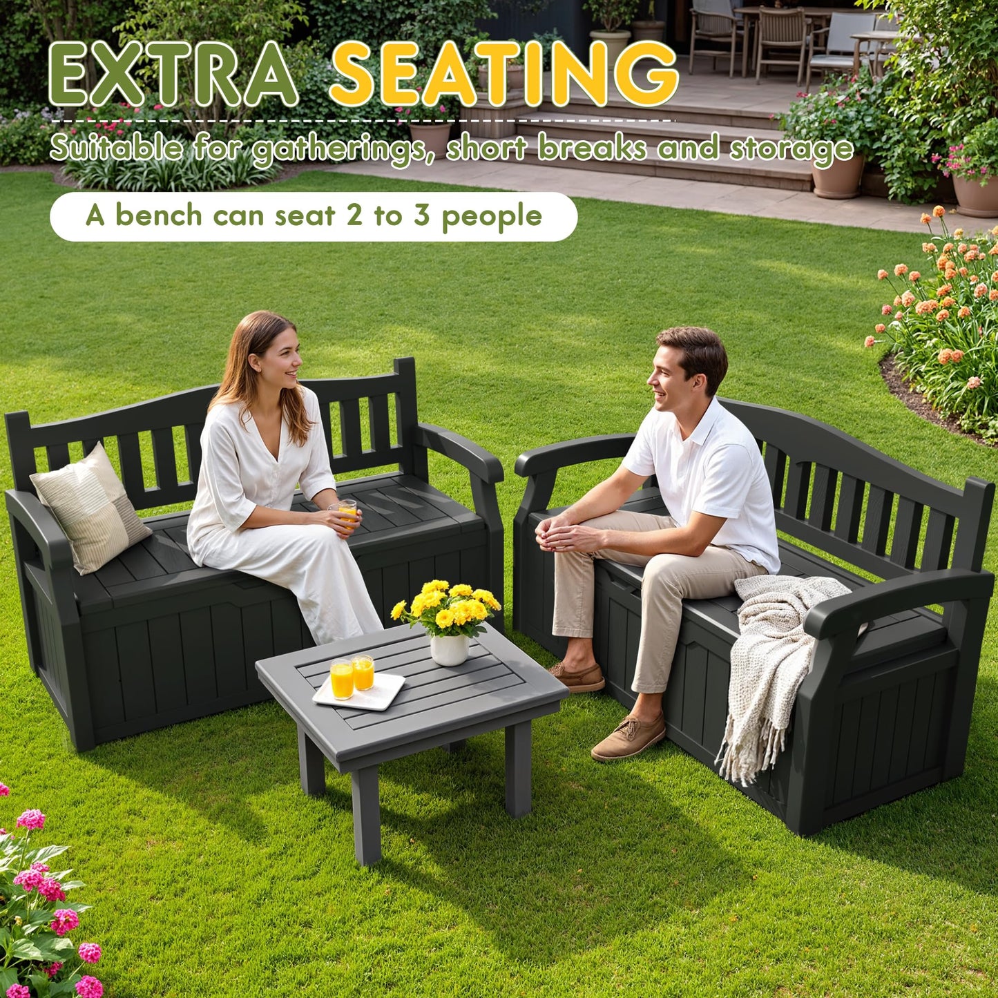 Greesum 80 Gallon Storage Bench Outdoor Deck Box with Armrest, Patio Furniture,Lockable, Waterproof and UV Resistant, Suitable for Garden, Pool, Black