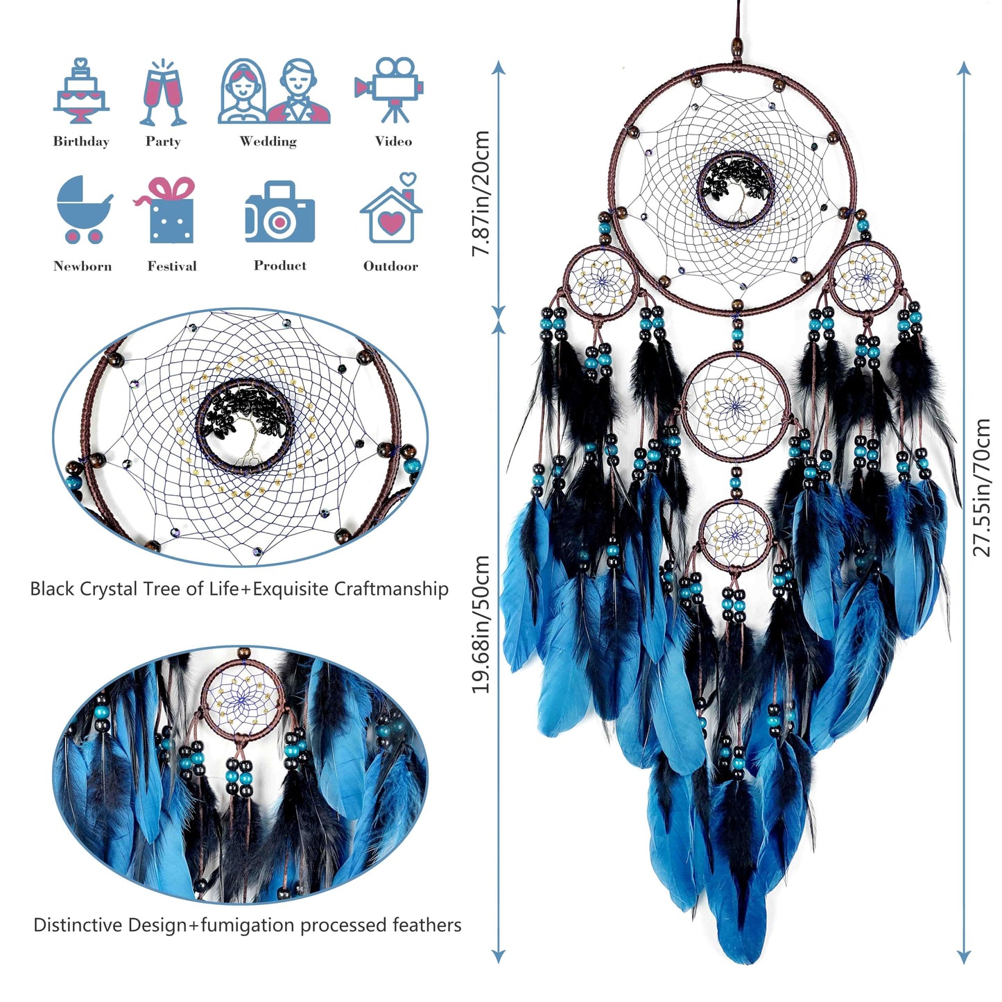 Large Dream Catchers, Boho Handmade Woven Blue and Black Dream Catcher Wall Hanging Ornament for Bedroom Living Room Adults Wedding Party Decor, Festival Blessing Gift (Blue & Black)