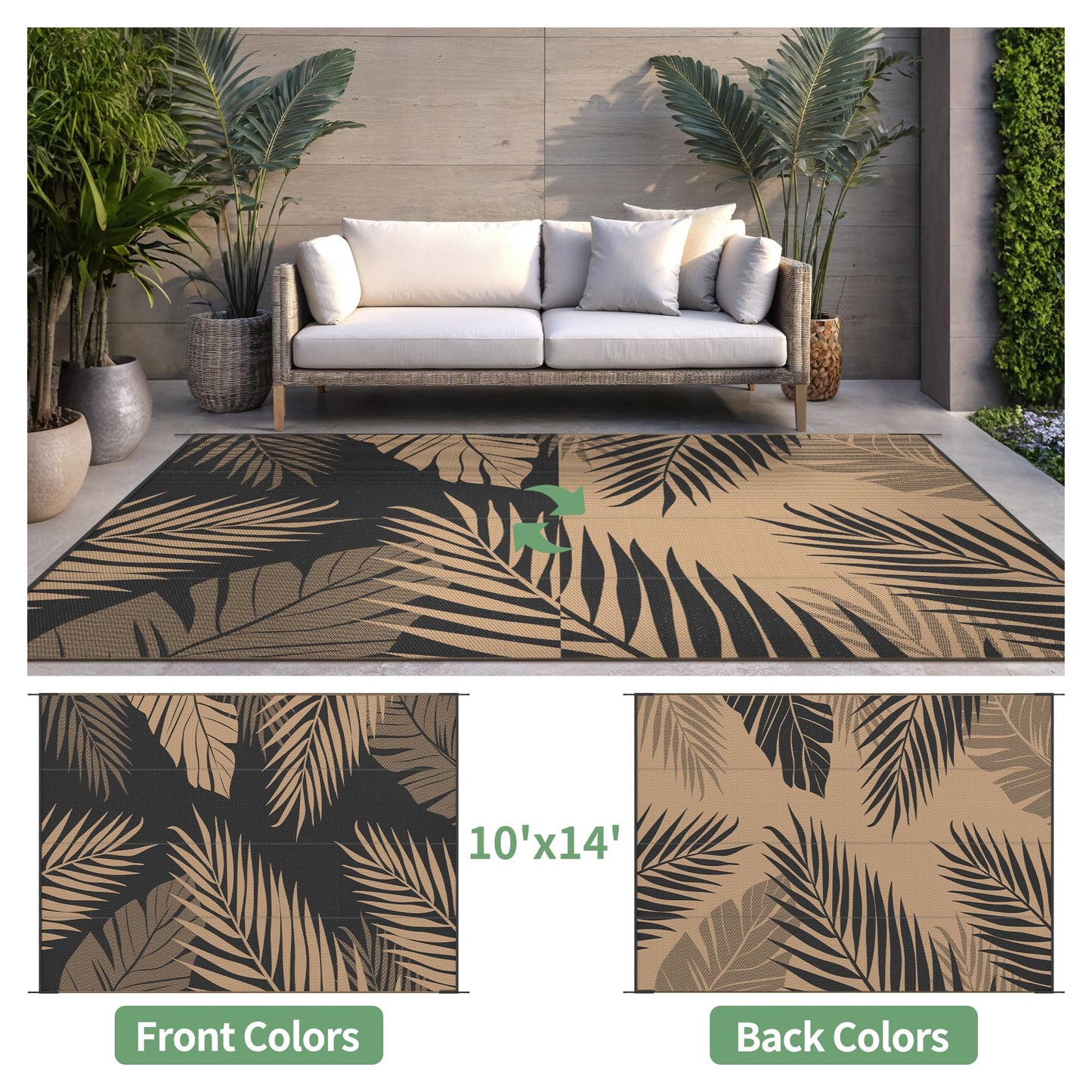sarben Outdoor Rug 10’x14’ Waterproof for Patio Clearance, Reversible Indoor Outdoor Plastic Straw Camping Rug Carpet, RV Mat, Large Area Rug for Deck, Backyard, Balcony, Porch, Beach, Black & Brown