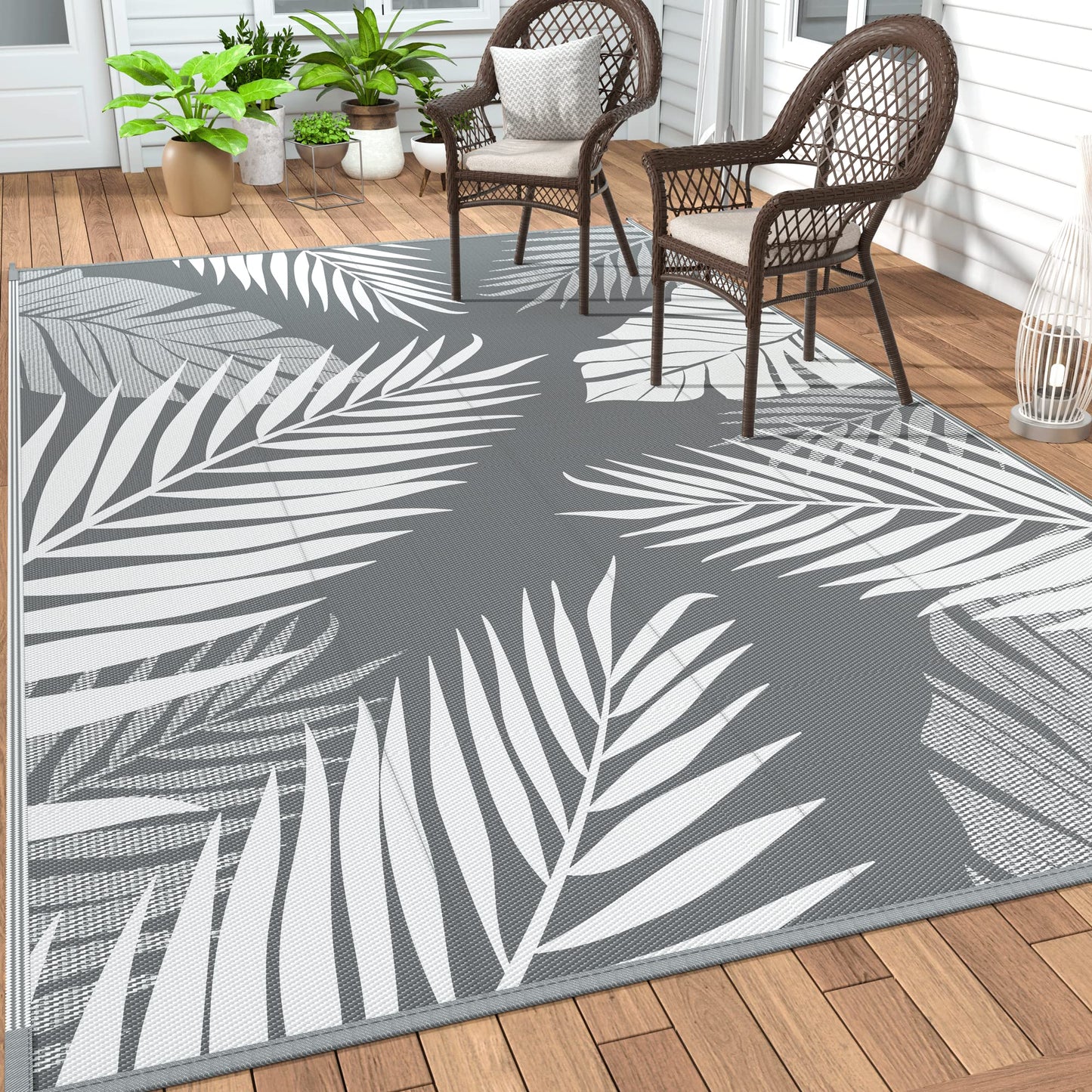GENIMO Outdoor Rug 5' x 8' Waterproof for Patios Clearance, Reversible Plastic Straw Camping Carpet, Large Area Rugs Mats for RV, Picnic, Backyard, Deck, Balcony, Porch, Beach, Grey&White