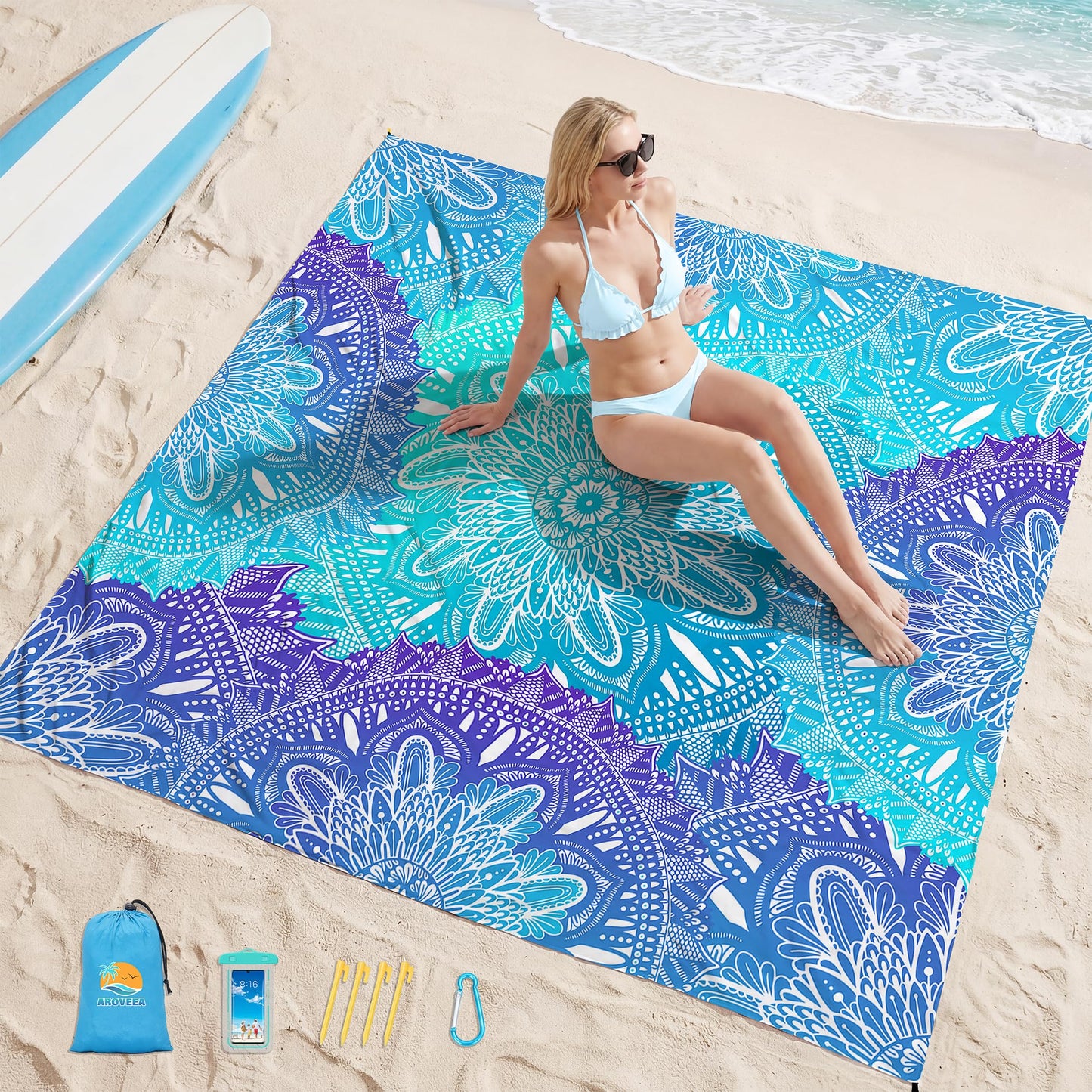 Aroveea Beach Blanket Waterproof Sandproof 1-7 Adult Oversized 78'' × 110'' Lightweight Durable Compact Sand Free Beach Mat for Travel Camping Hiking Picnic Blanket Extra Large