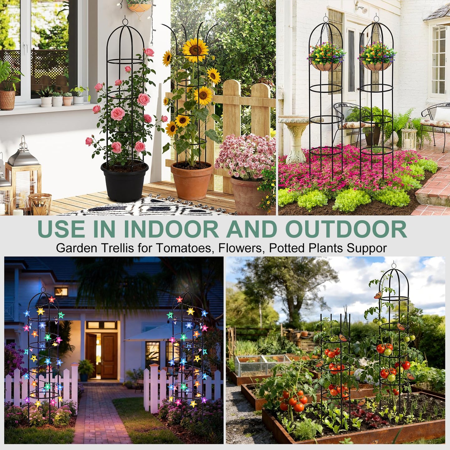 100% Metal 6.6 Ft Tower Obelisk Garden Trellis,2 Pack Plant Support for Climbing Plants Rose Bush Round Trellis for Pots Rustproof Metal Plant Flower Trellises for Clematis Vine Jasmine Outdoor Indoor
