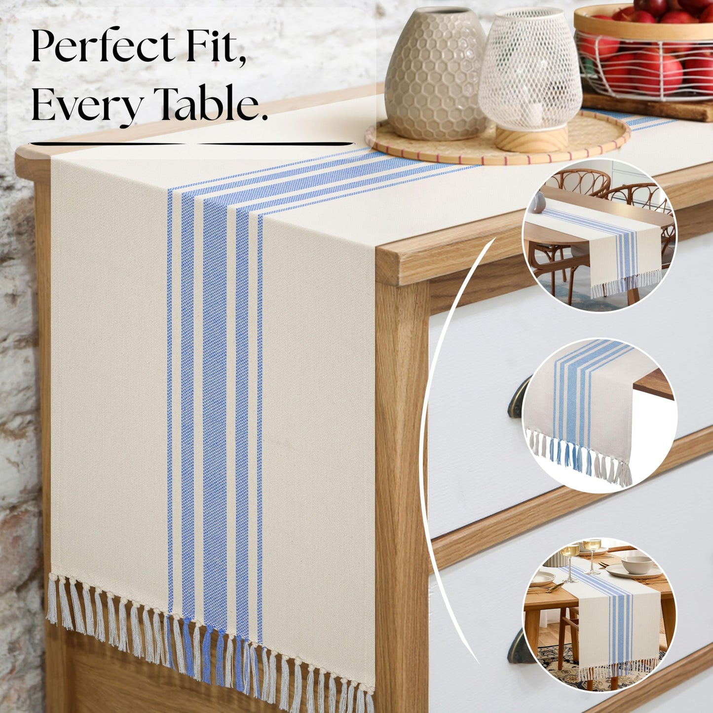 Native Fab Stripe Table Runner - 72 Inches Long Boho Table Covers with Tassels - 100% Cotton, Tight Weave, Non Slip Tablerunner for Dining, Kitchen, Dresser, Wedding, 14"x72" - Light Blue & White