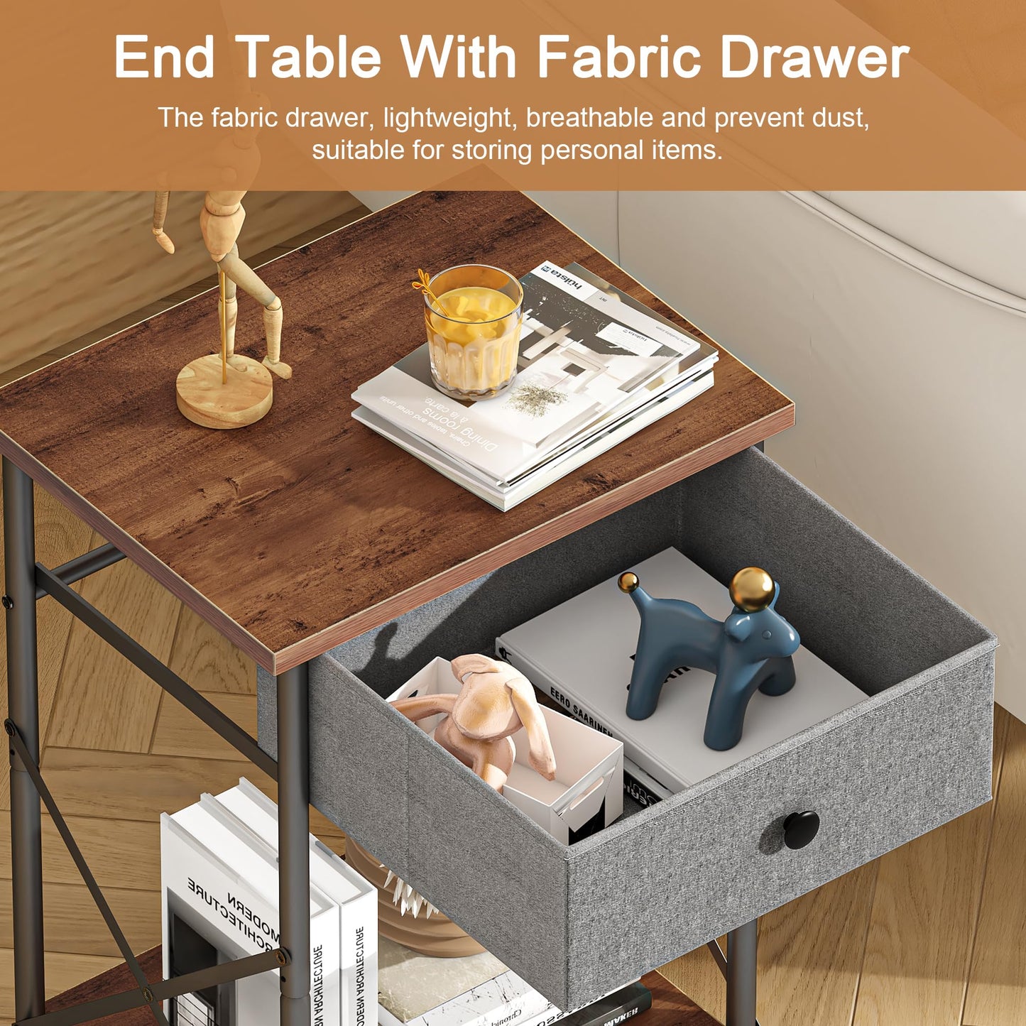 VECELO End Tables, Modern Nightstand with Fabric Drawer & Open Shelf, Night Stand for Bedroom Living Room, Industrial Metal Frame, Easy Assembly, Rustic Brown,1 Pack