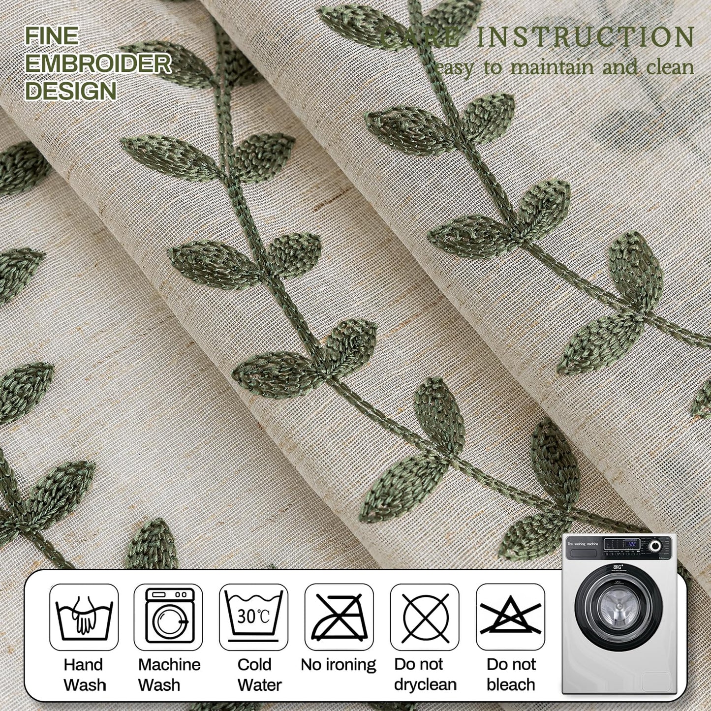 AmHoo 2 Panels Linen Leaf String Floral Embroidered Semi Sheer Curtain Farmhouse Voile Curtains for Living Room Bedroom Window Treatment Sage Green 52 x 63 Inch