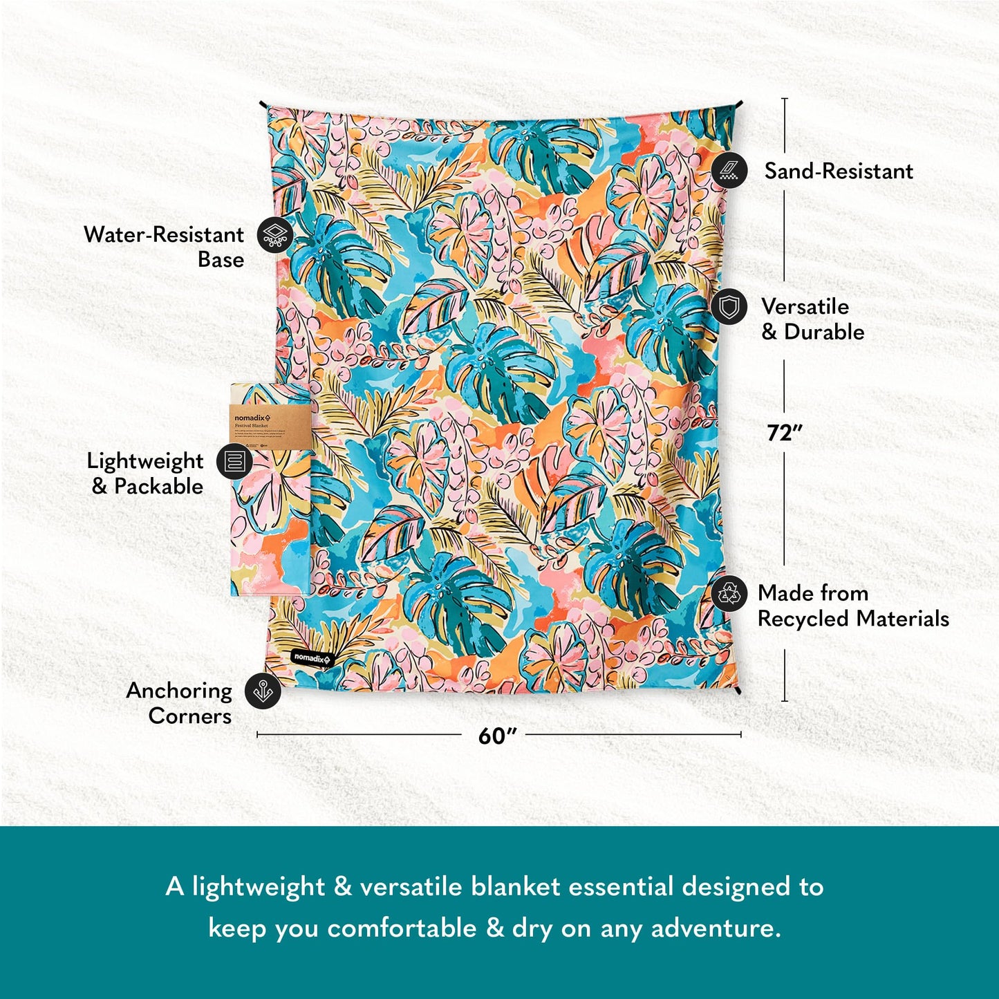 Nomadix Festival Blanket - Perfect for Picnics, Camping, & Lawn Seating - Plush Top & Water Resistant Base - Made with Post Consumer Recycled Materials - Jungle - 60x72