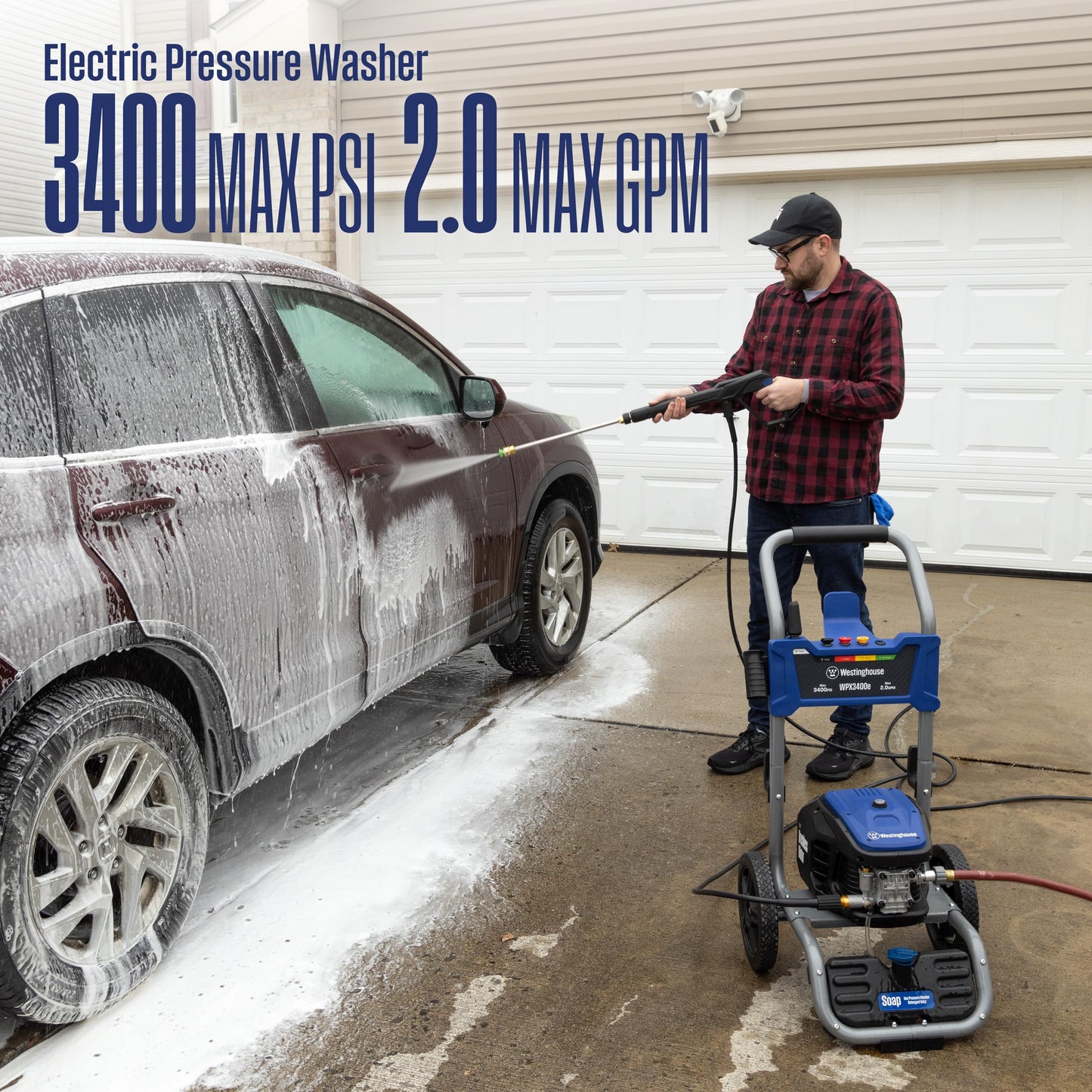 Westinghouse WPX3400e Electric Pressure Washer, 3400 Max PSI and 2.0 Max GPM, Brushless Motor, Onboard Soap Tank, Spray Gun and Wand, 5 Nozzle Set, for Cars/Fences/Driveways/Homes/Patios/Furniture