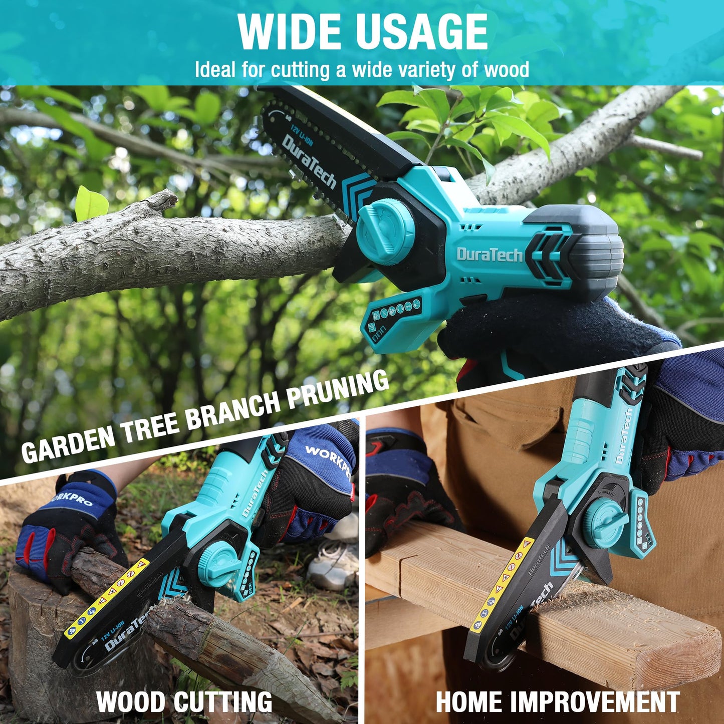DURATECH 12V Mini Chainsaw, 6 Inch Electric Cordless Chainsaw with 2 Batteries & 2 Chains, One-Hand Operated Portable Wood Saw for Garden Tree Branch Pruning, Wood Cutting