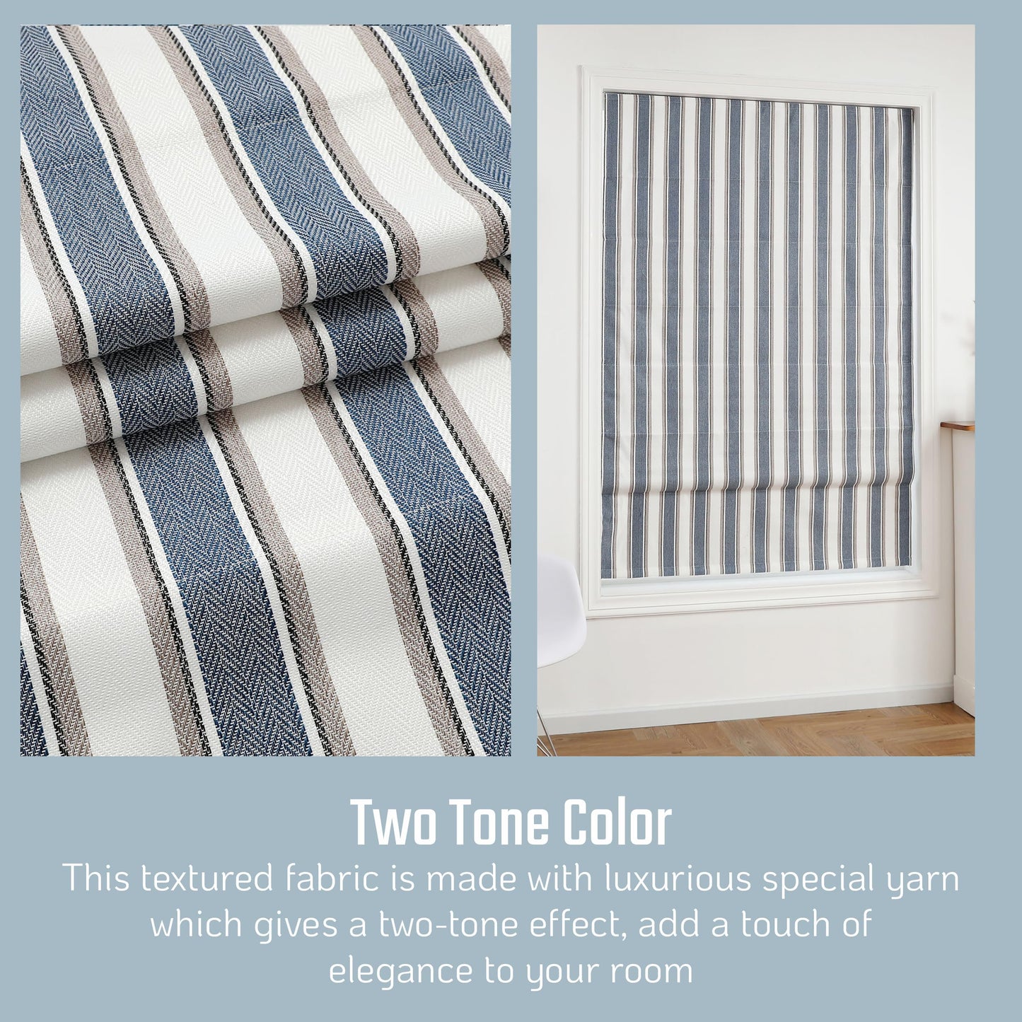 Everyday Celebration Roman Shades - 100% Blackout, Cordless Pull Down, Vertical Stripe Indoor Window Shades, Woven Fabric Blinds - Denim Bleu, 31" W x 64" H