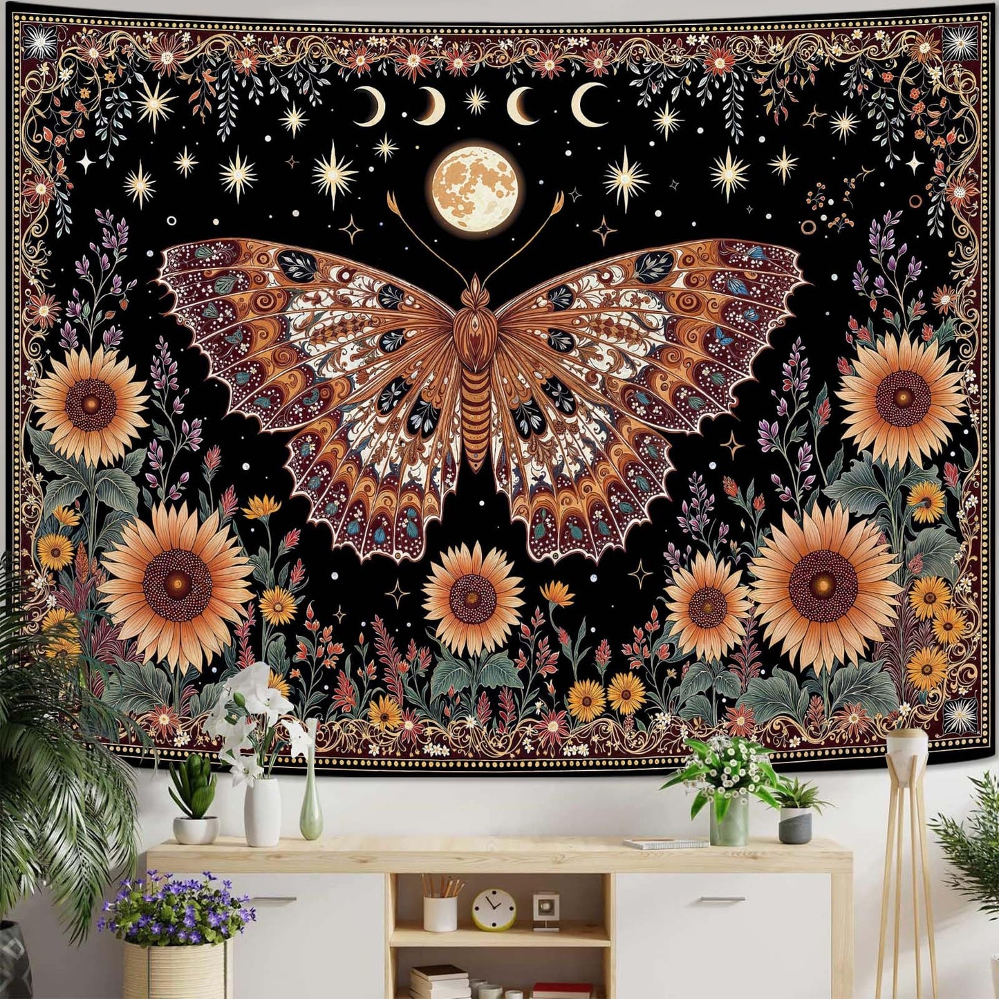 CKM-WOYIN Butterfly Tapestry Moon Star Retro Floral Sunflower Plant Tapestries for Bedroom Witchy Aesthetic Room Decor Tapestries Wall Hanging for Living Room, Bedroom, Dorm (60''×44'')
