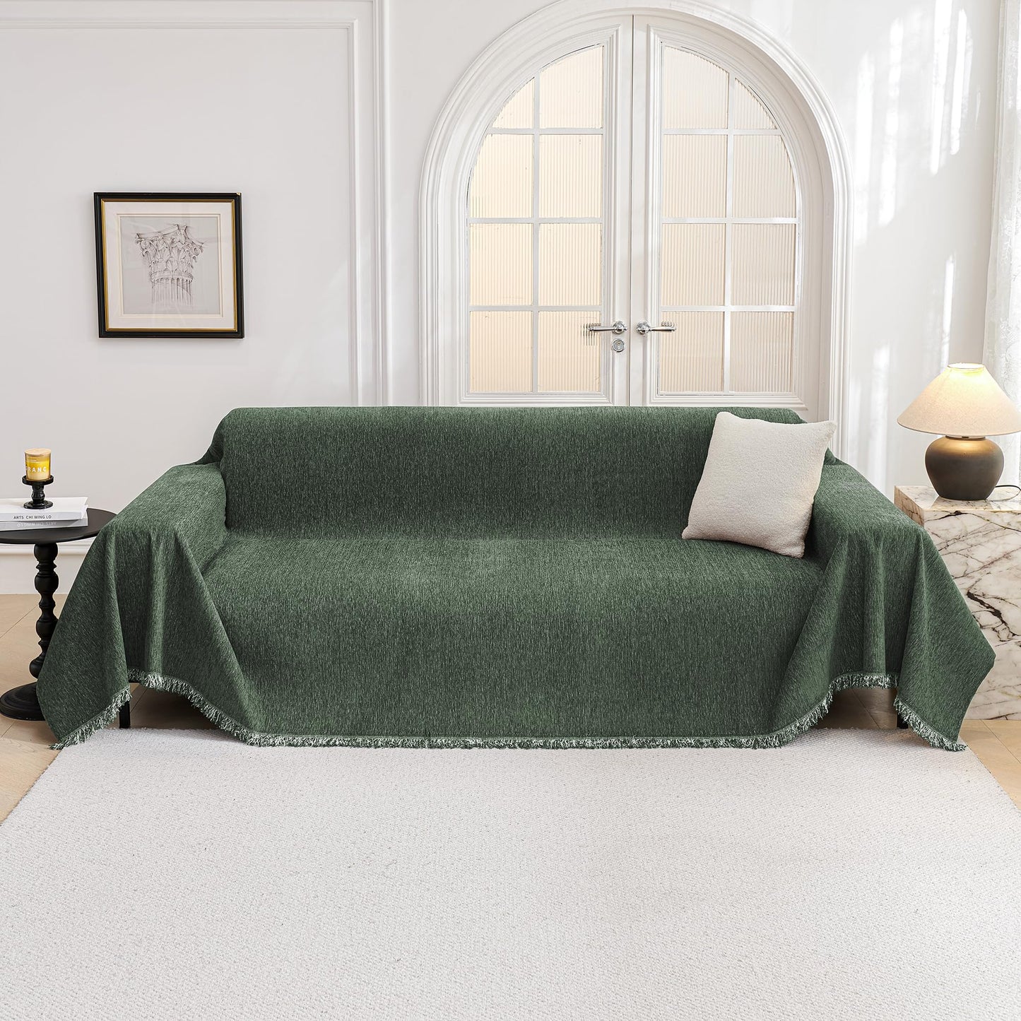 MYSKY HOME Couch Cover for Dogs, Washable Couch Covers, Non Slip Couch Sofa Cover, Couch Cover 2 Cushion Sofa Dogs Furniture Protector with Tassels Chenille Sofa Covers for Pets, 71"x118", Moss Green
