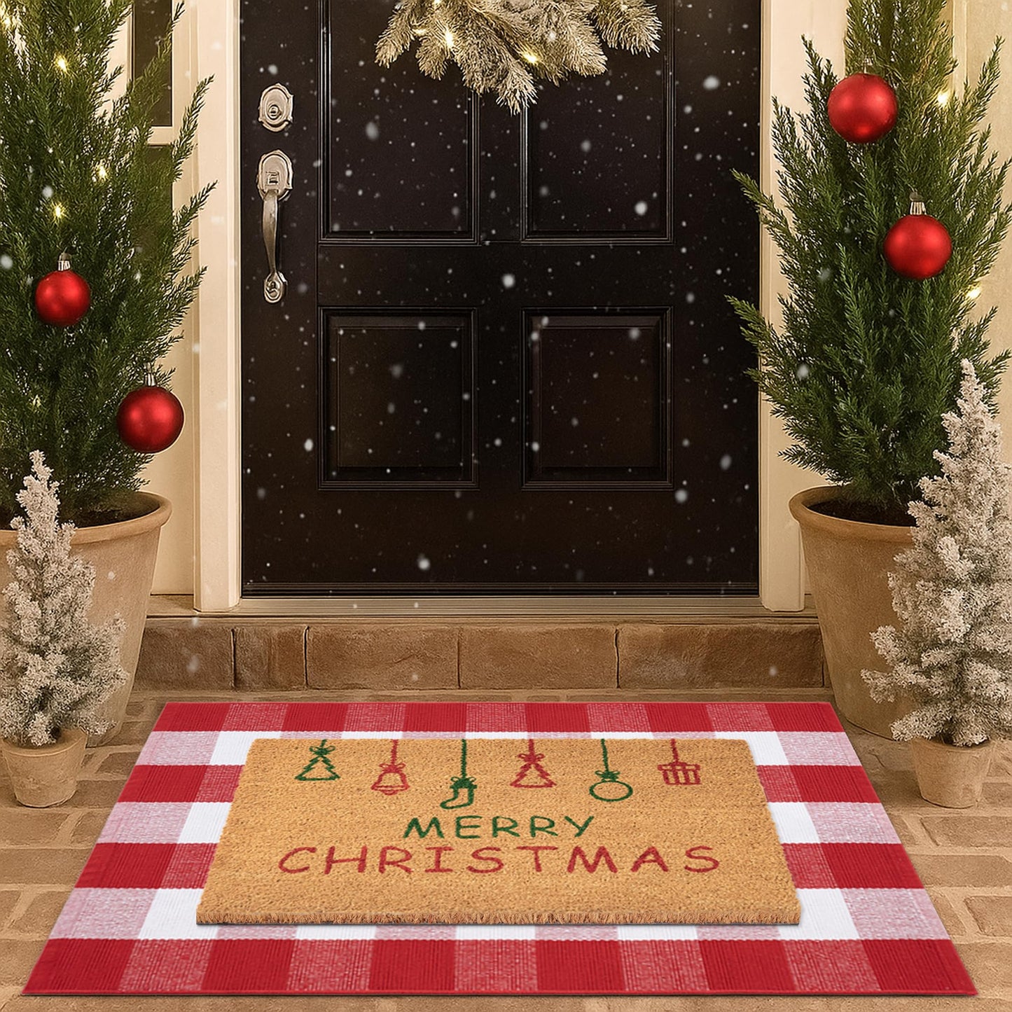 Christmas Door Mat Combo Set - 100% Coco Coir Welcome Mat + 28 x 43 Inch Red and White Plaid Rug, Holiday New Year Christmas Collection Decorative Doormat for Front Porch Entryway Decor