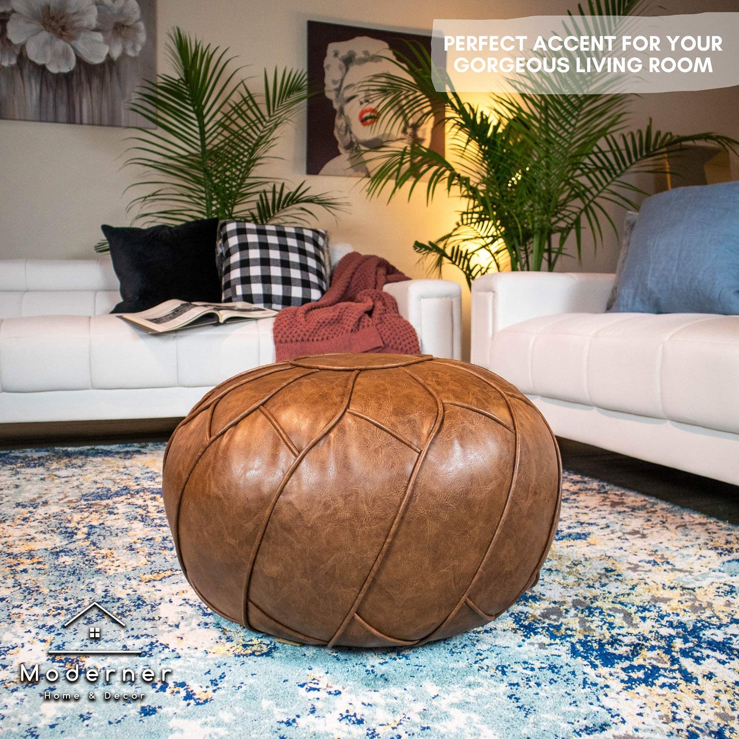 Moderner Faux Leather Pouf Unstuffed Ottoman Moroccan Footstool, Floor Footrest Cushion, Storage Solution - Natural Brown Color (Mocha, Round)