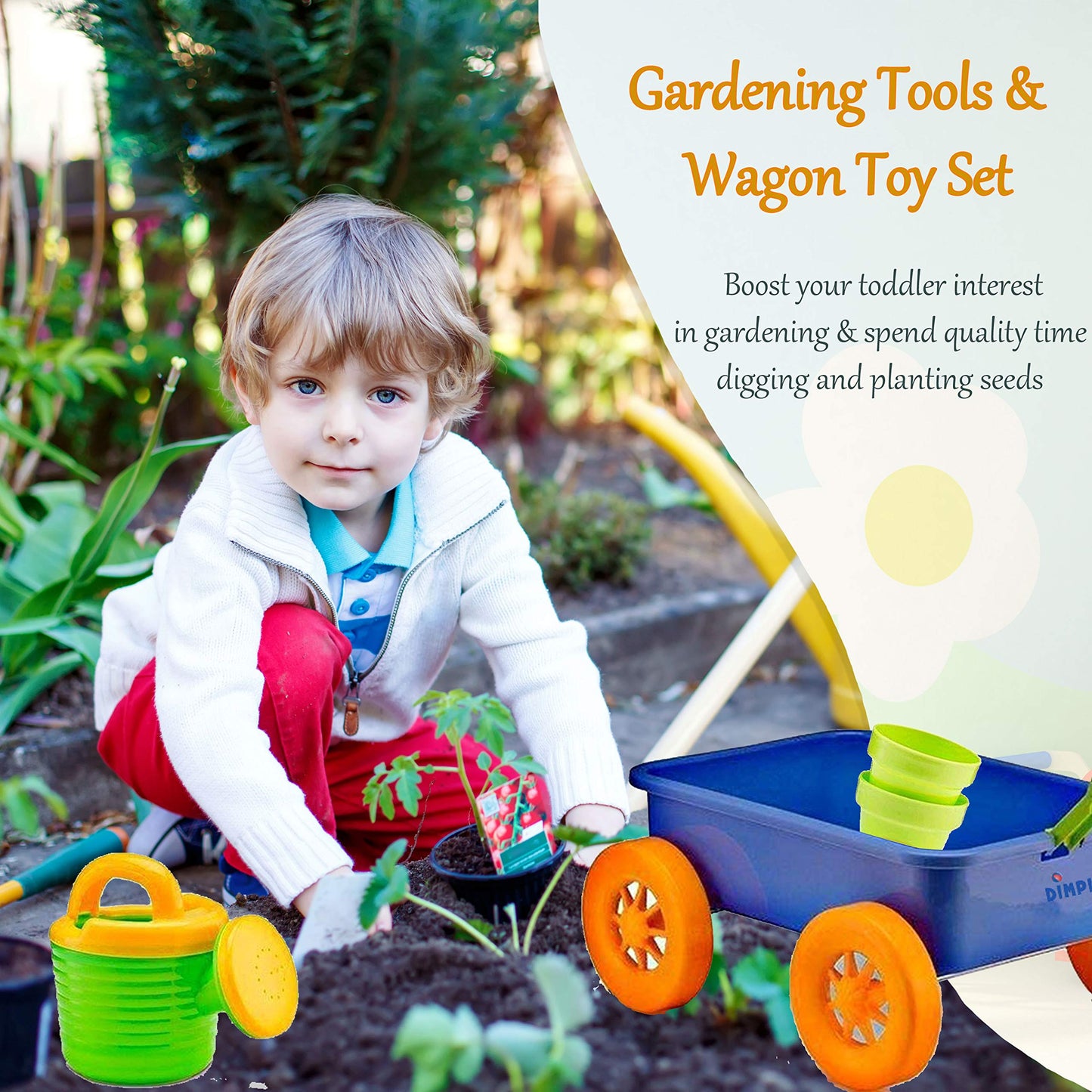 Dimple DCN12752 Garden Wagon & Tools Toy Set Premium 15Piece Gardening Tools & Wagon Toy Set Sturdy & Durable-Top Yd, Beach, Sand, Garden Toy-Great for Kids & Toddlers, Multicolor