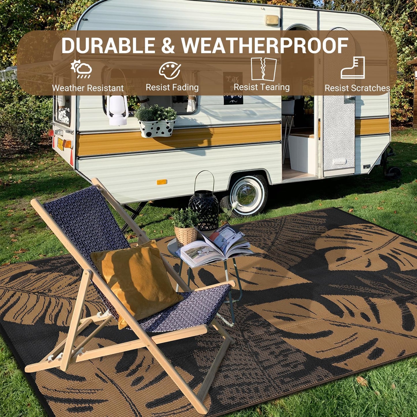 GAOMON Outdoor Rugs 8x10 Waterproof Reversible Plastic Straw Rug Modern Patio Rug, Foldable Lightweight RV Camping Mat with Portable Bag & 4 Stakes, UV Resistant & Sturdy for Picnic, Brown