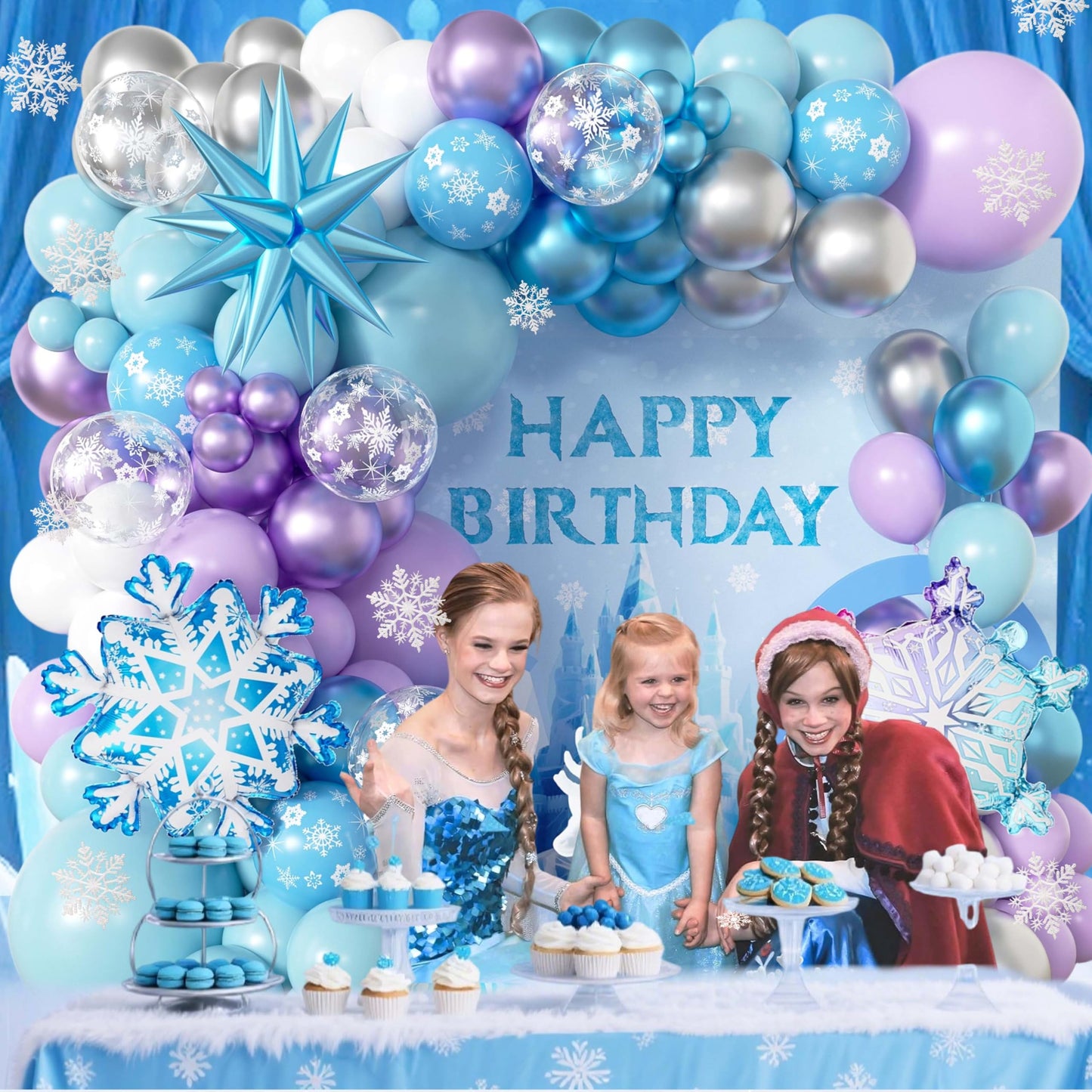 103pcs Winter Wonderland Balloon Garland Arch Kit with Giant 3D Ice Crystal Star & Gradient Snowflake Foils, 18/12/10/5 Inch Metallic Blue Purple Silver Printed Latex for Girls Ice Princess Birthday