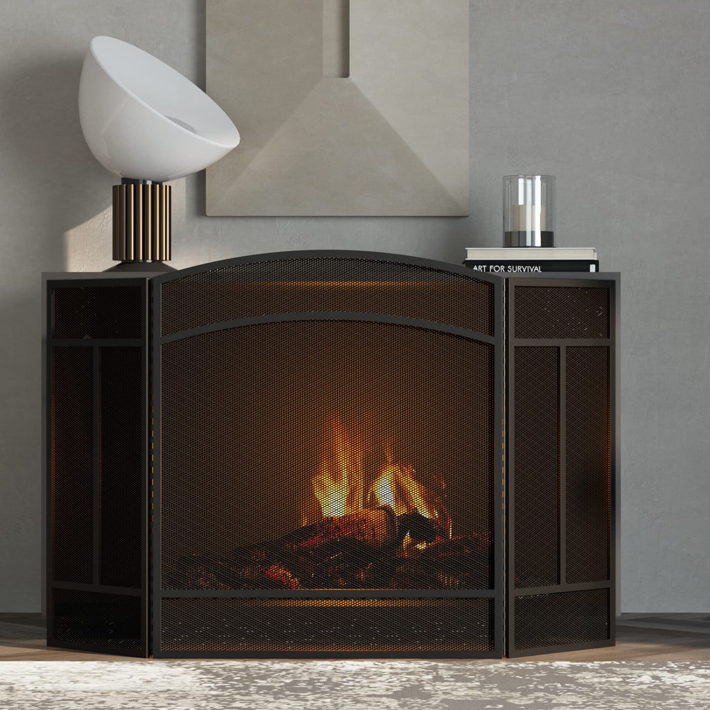 Fire Beauty Fireplace Screen 3 Panel Wrought Iron 48"(L) x 29"(H) Spark Guard Cover(Black)