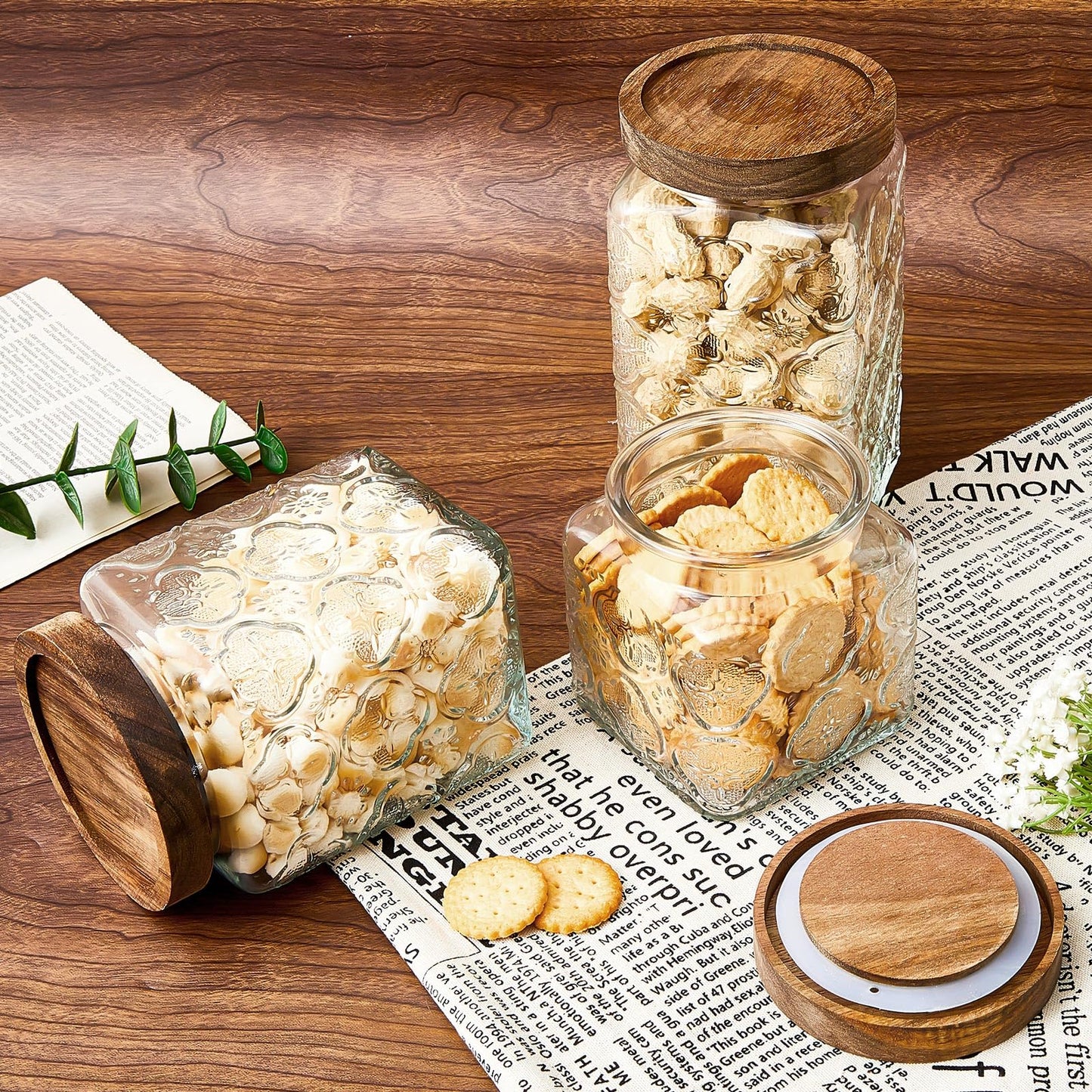 Gerrii 5 Pcs Vintage Glass Food Storage Containers 17/24/34 oz Glass Jar with Lid Airtight Candy Food Canisters for Kitchen Counter Pantry Coffee Beans(Clear,Begonia Square)