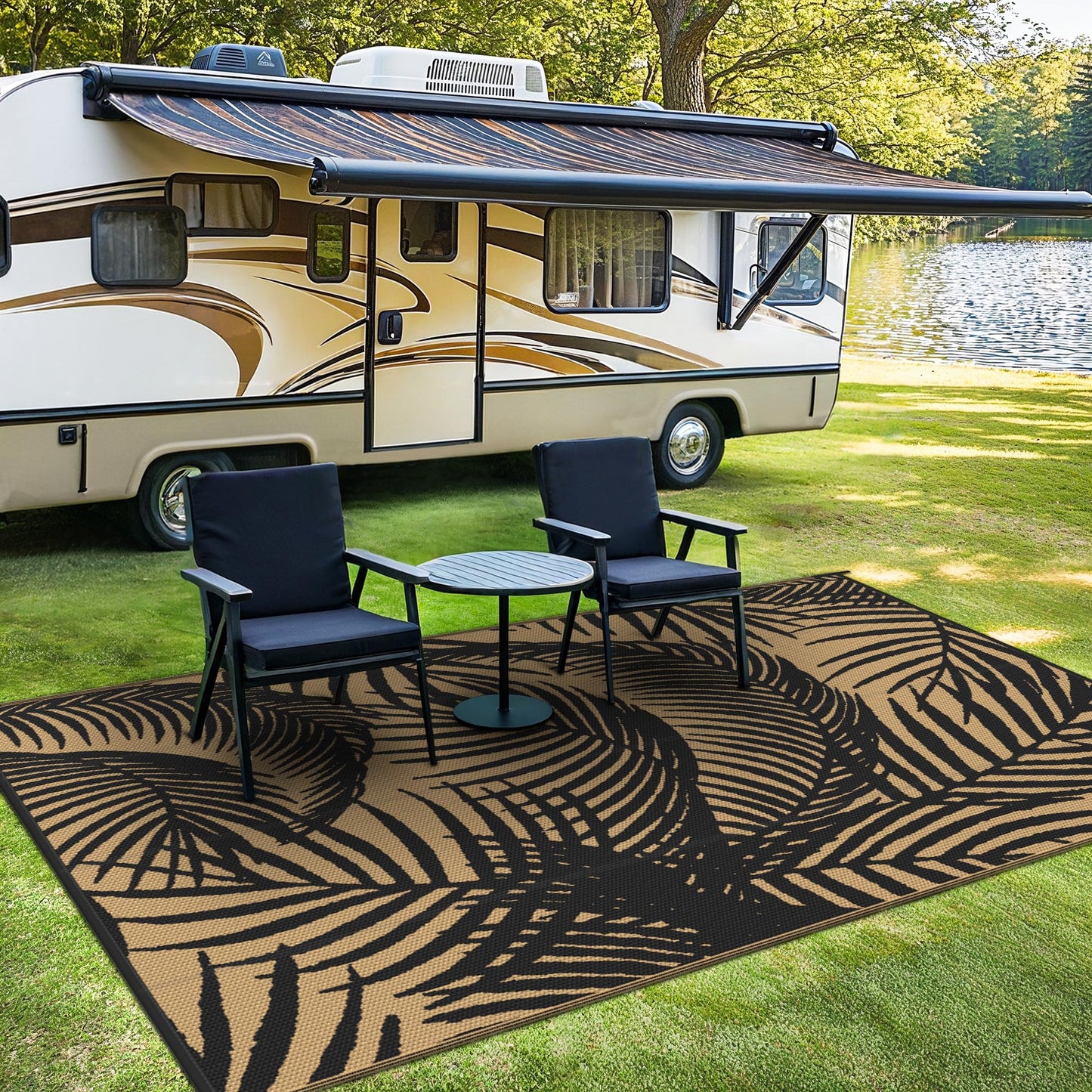 GENIMO Outdoor Rug 9' x 12' Waterproof for Patio Clearance, Reversible Plastic Straw Camping Carpet, Lightweight Mats for Rv, Backyard, Deck, Porch, Picnic, Beach, Balcony, Black & Brown
