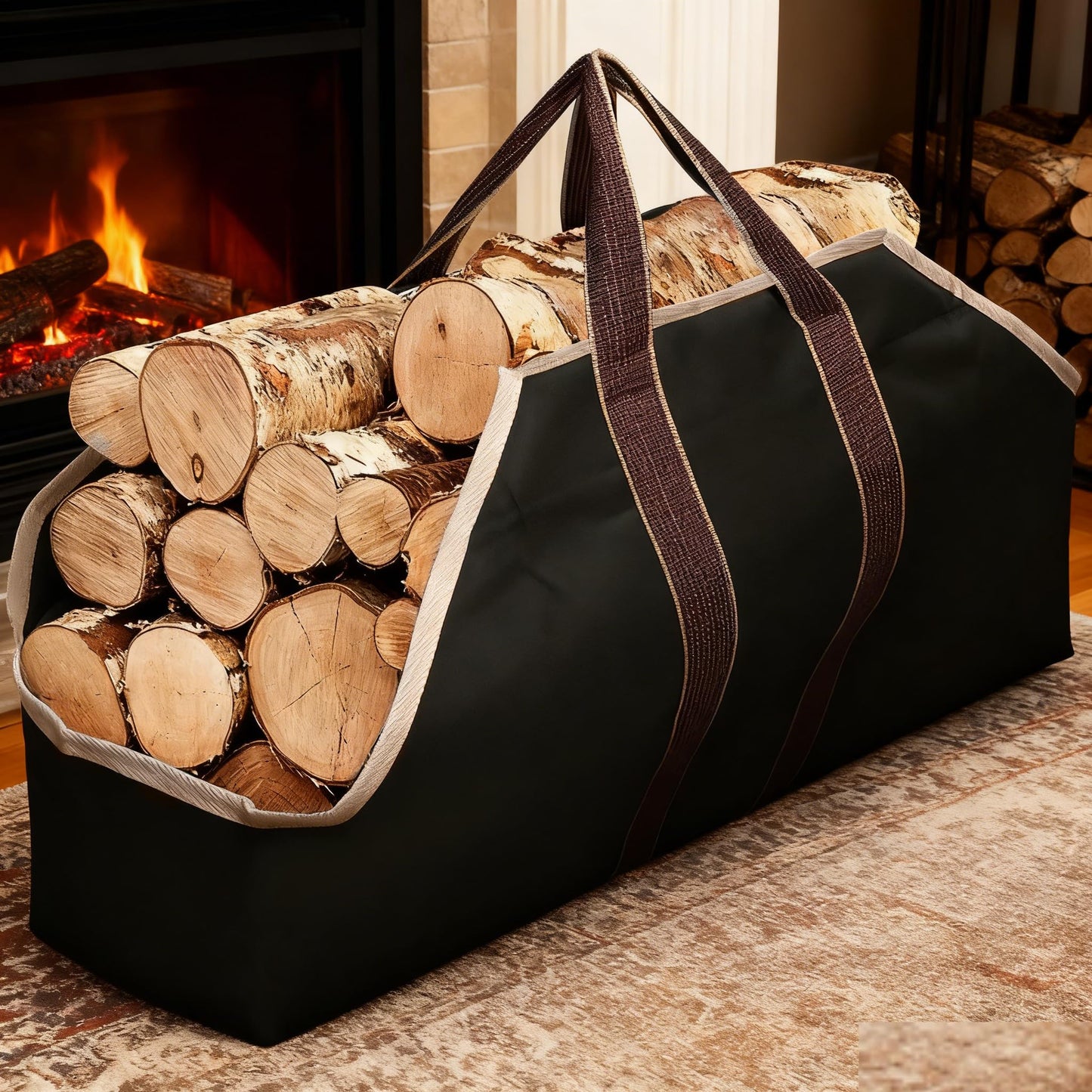 AMAGABELI Large Canvas Log Tote Bag Firewood Carrier Heavy Duty Fireplace Log Holder Fire Wood Carriers Carrying with Handle Wood Sling Fire Place Outdoor Cabin Stove Accessories Black-Enclosed Ends