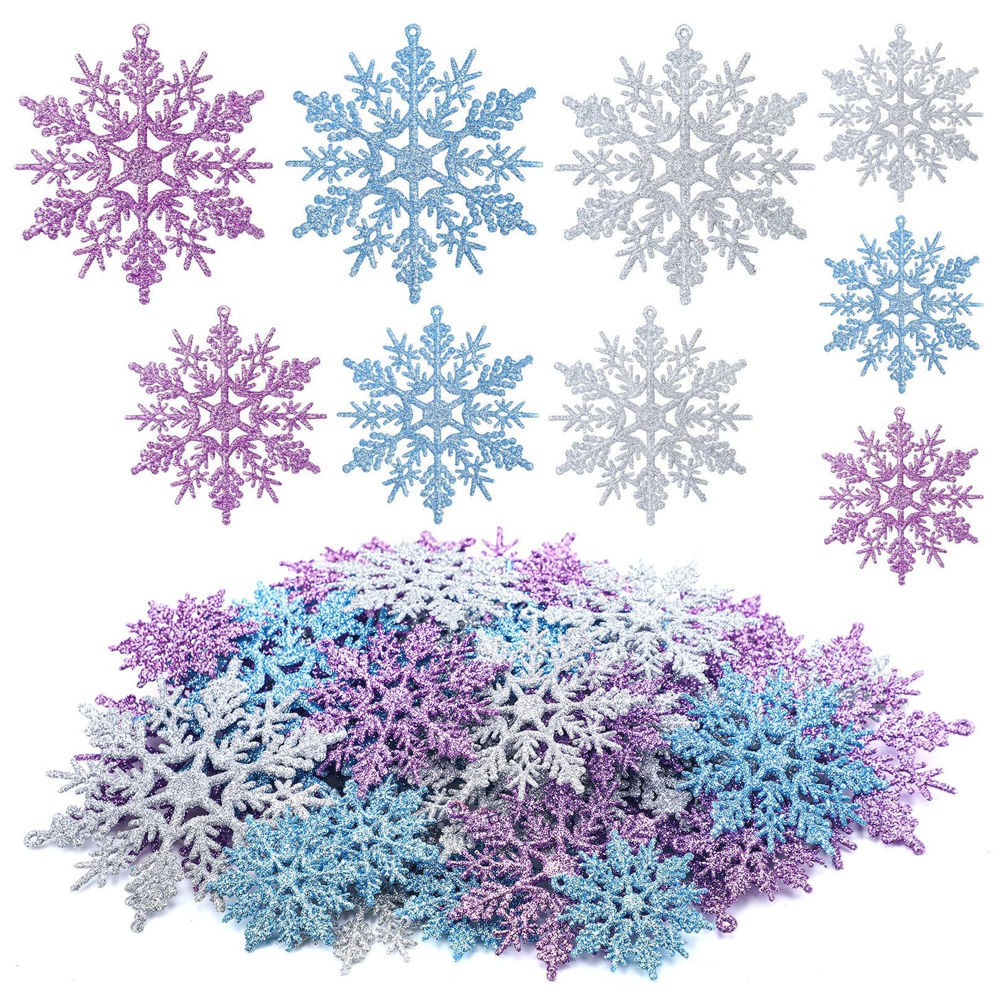 Sumind 48 Pieces Winter Snowflake Ornaments 3 Sized 2, 3, 4 Inches Plastic Glittered Snowflakes Hanging Tree Decoration Winter Window Ornament Birthday Party Supply(Silver, Blue, Purple)