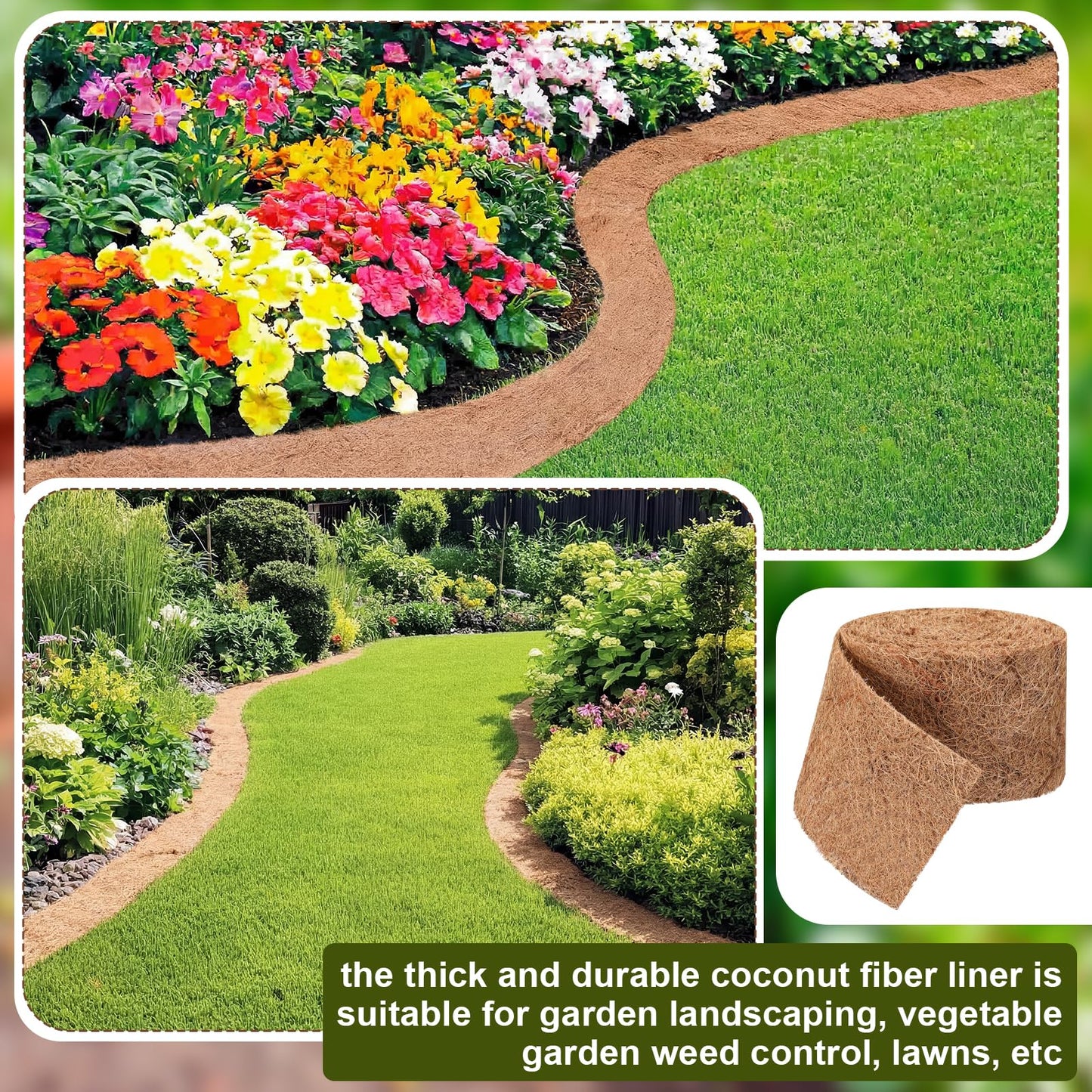 Tinideya 6 Pcs Natural Mulch Roll for Landscaping 118'' x 4.5'' Per Roll Coconut Fiber Mulch Mat with 60 U-Shaped Steel Stakes Cuttable Coconut Liner for Garden Edgings Wrap Trunk Planter Pet Pad