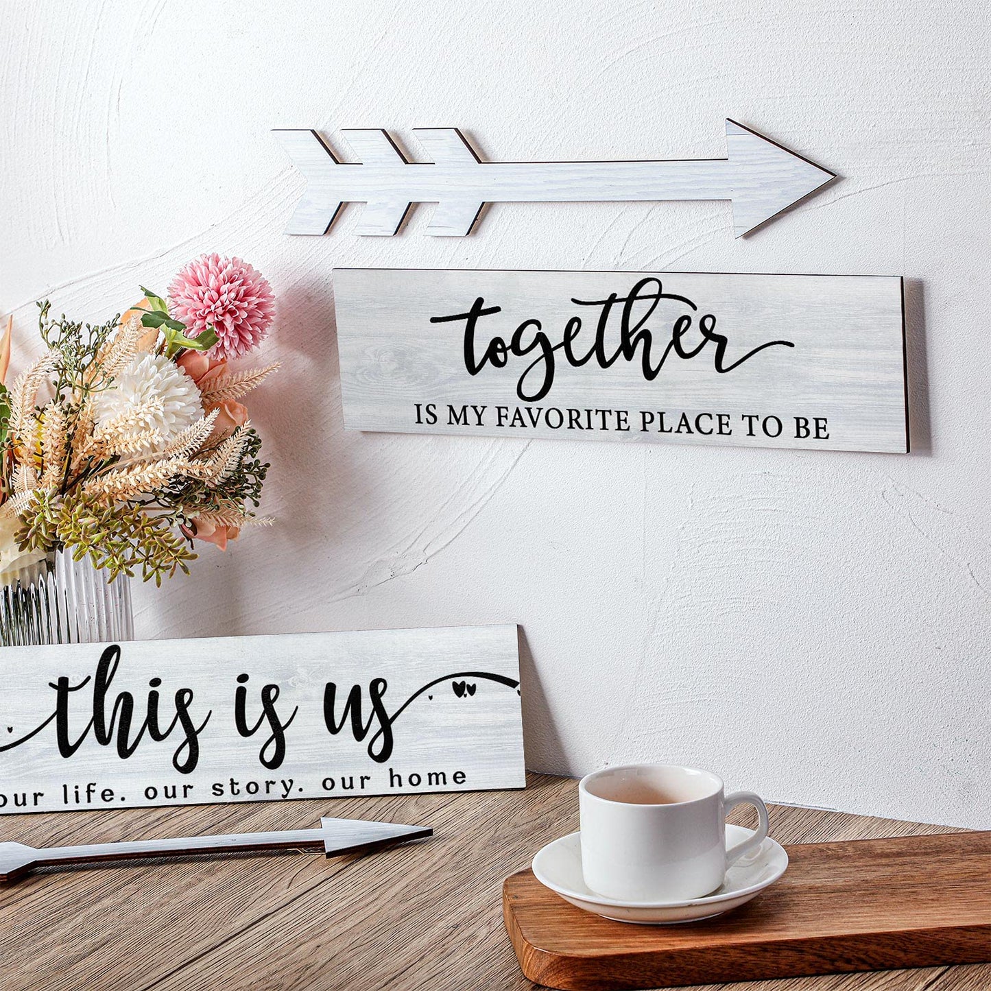 Jetec 4 Pcs Wooden Arrow Wall Decor This Is Us Our Life Rustic Family Signs for Home Wall Decor Home Wooden Hanging Sign for Farmhouse Living Room, 15 x 4 x 0.2 Inch(White)