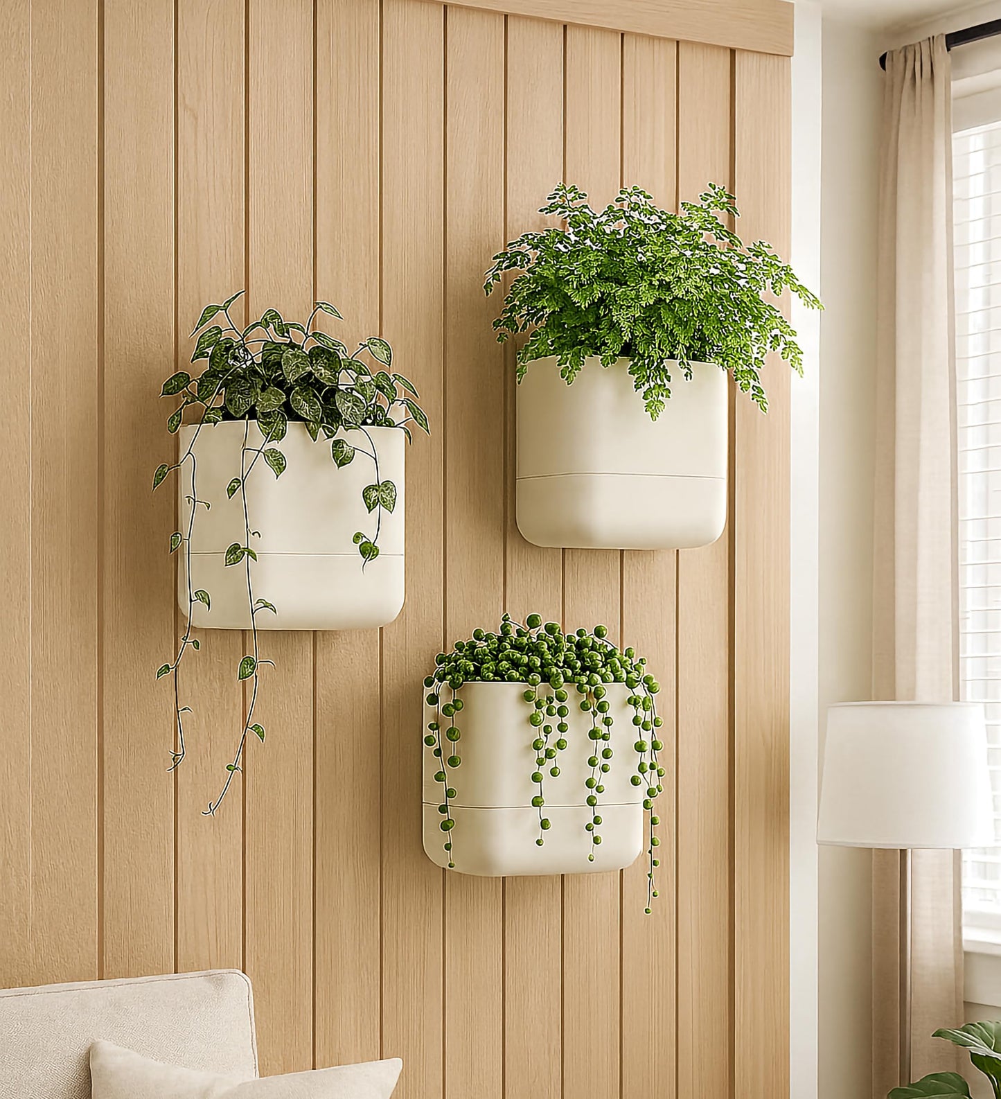 Phoenix Vine 6.5 Inch Wall Mounted Self-Watering Planter Pots for Indoor Houseplants and Herbs | Hanging Planter for Window Sills, Bathroom Walls, Home & Office Décor, Oatmeal, Set of 3, 01-C-G-3