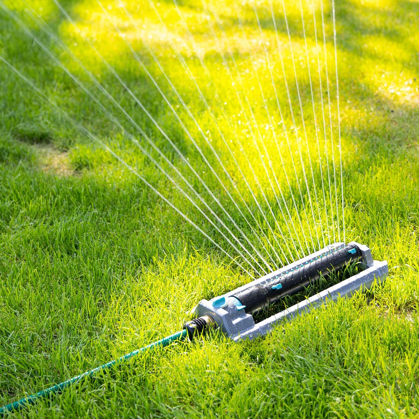 QUOBAS Heavy Duty Oscillating Sprinkler, 18-Hole Nozzle with Zinc Alloy Metal Base, Adjustable Flow Control & Spray Width, with Cleaning Pin, Garden, Yard