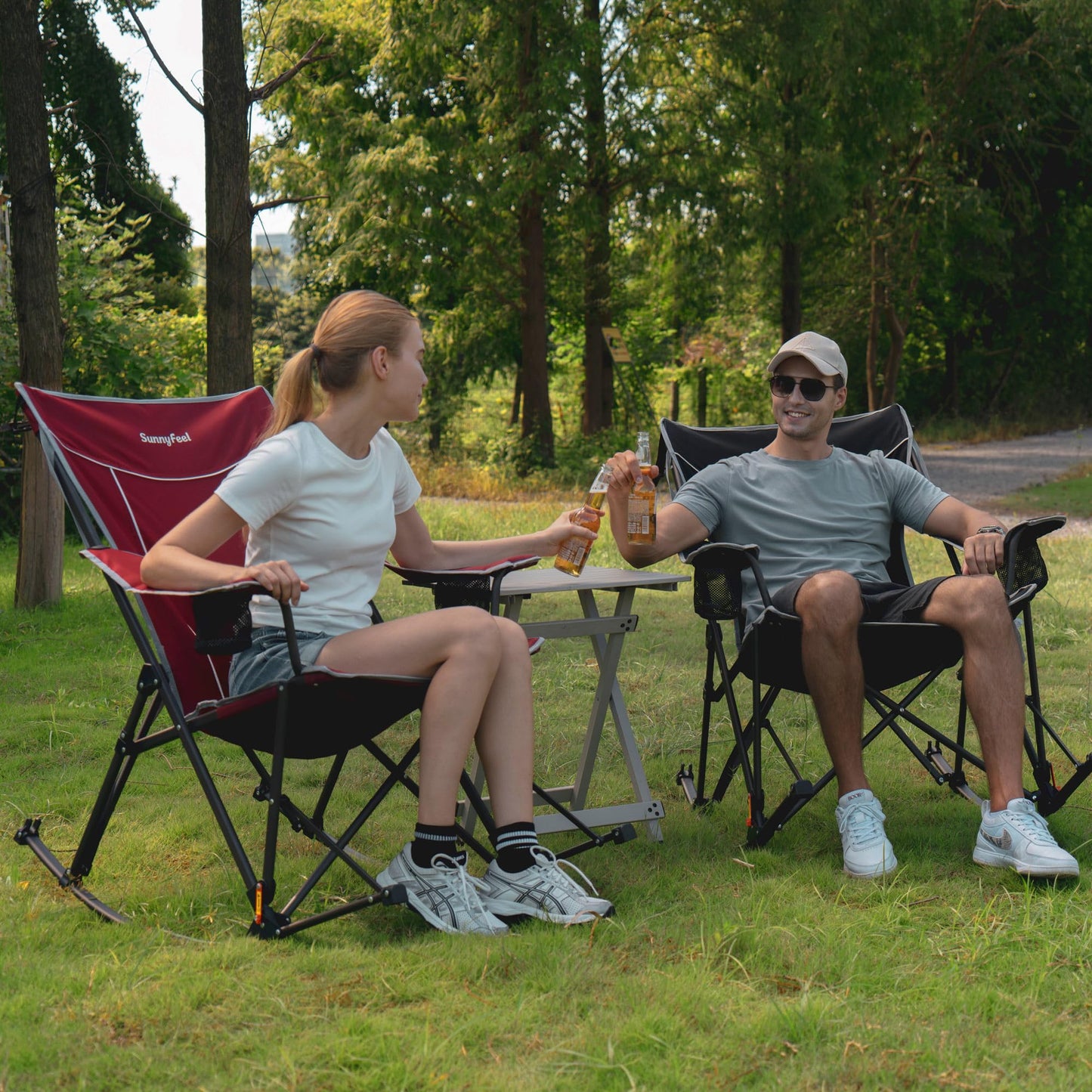 SUNNYFEEL Oversized Folding Rocking Camping Chair with Buckle Design Outdoor Rocker High Back Lawn Camp Rocker Chair with Cup Holder Heavy Duty 500 LBS for Outdoor/Camping/Lounge/Patio with Carry Bag
