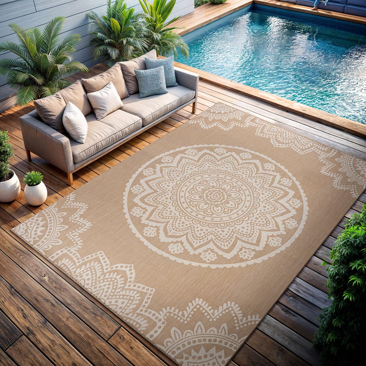 CAMILSON Outdoor Rug 8x10 Modern Area Rugs for Indoor and Outdoor Patios and Porches - Waterproof, Washable, Non-Shedding, Easy-to-Clean Outside Carpet (8 x 10, Medallion - Beige/White)