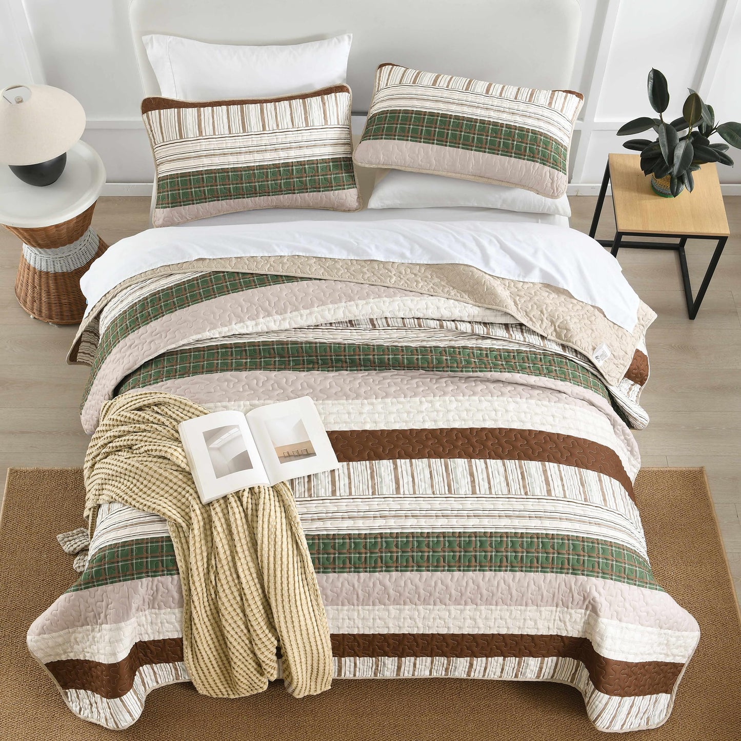 DJY Striped Quilt Set Queen Size, Boho Brown Green Striped Bedspread Coverlet Set Soft Microfiber Patchwork Quilt Bedding Set 3 Pieces for All Season(96"x90")