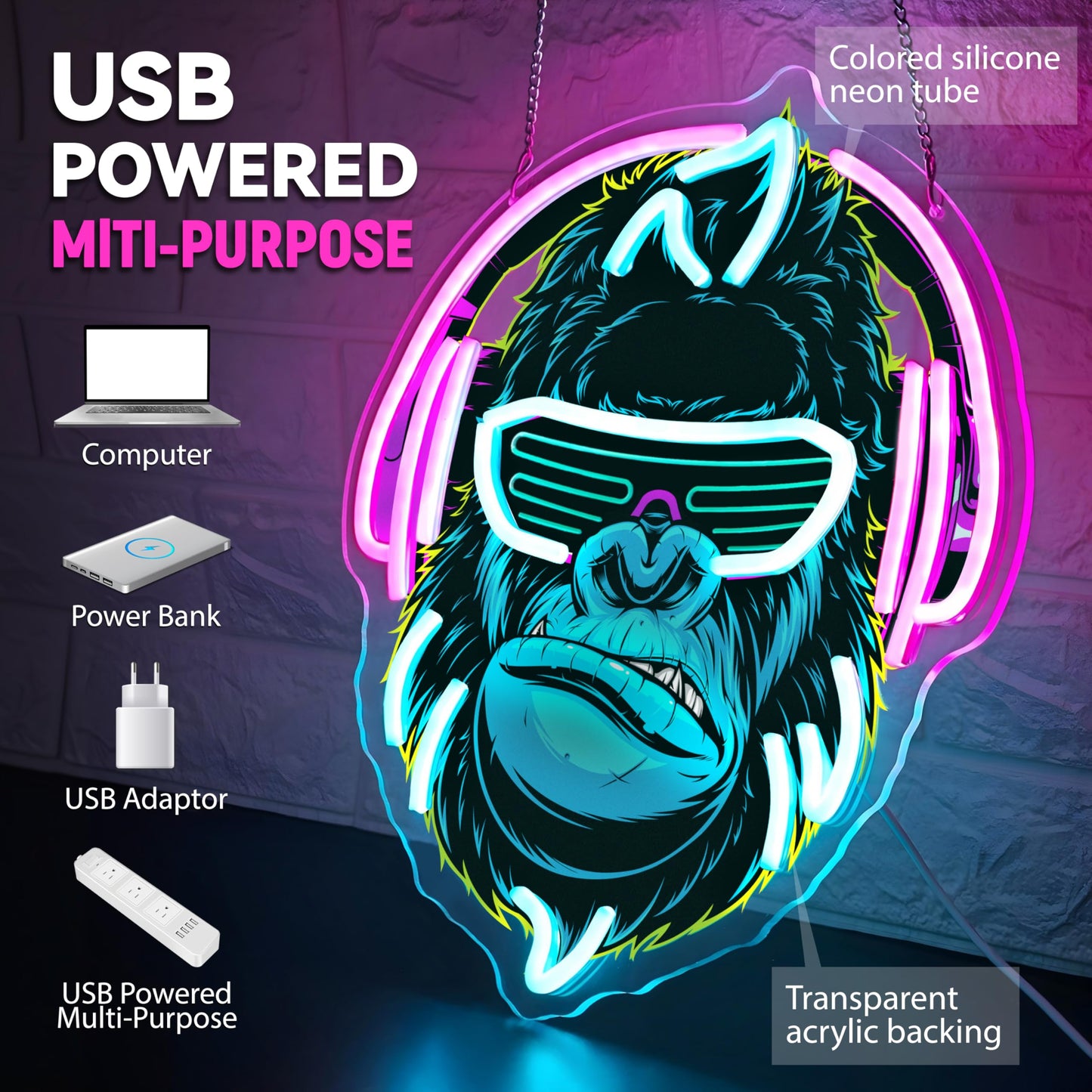 zidoni Headphones Gorilla Neon Sign Dimmable Kong Led Neon Light for Wall Decor,Game Room,Man Cave,Home Party Bar Decor,USB Powered Led Sign