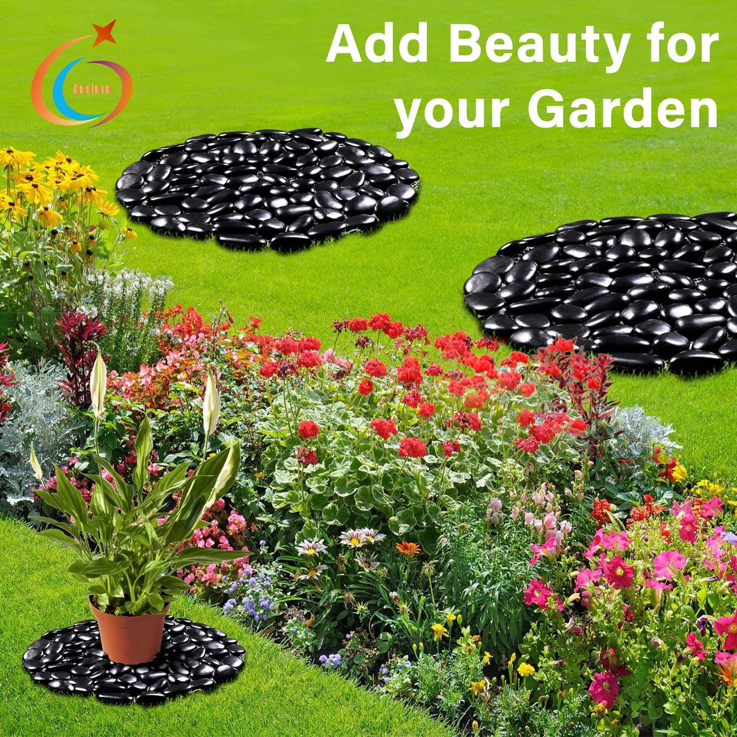 Ausluru 10in River Rock Stepping Stones Set - 6 Pack | Polished Pebble | Long-Lasting PVC Mesh Backing | Perfect for Garden Paths and Lawns Outdoor Landscaping Decoration | Black Circle