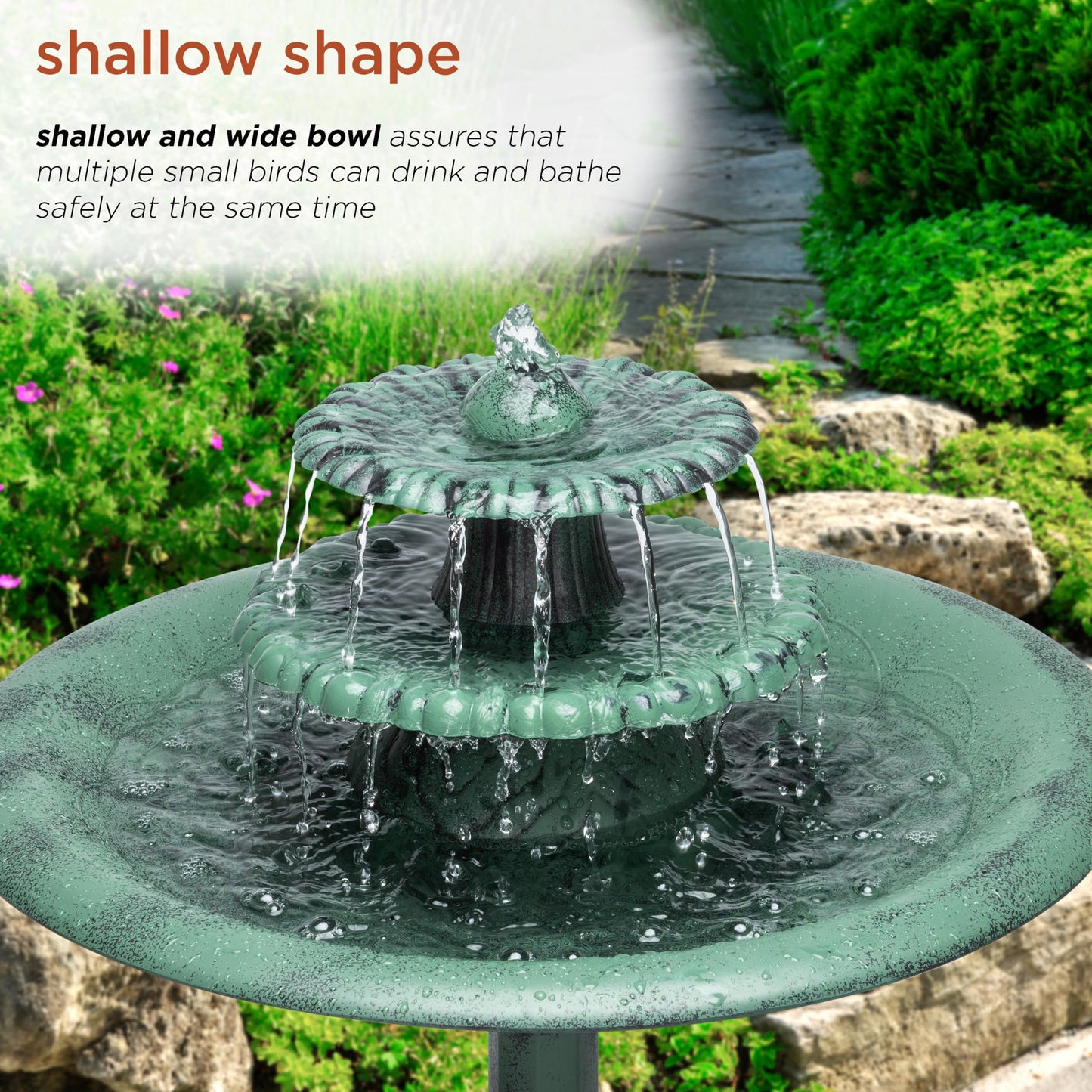 Alpine Corporation 35" Tall 3-Tier Outdoor Pedestal Water Fountain – Durable Resin Cascading Water Feature and Birdbath for Garden, Patio, Deck, and Backyard, Green