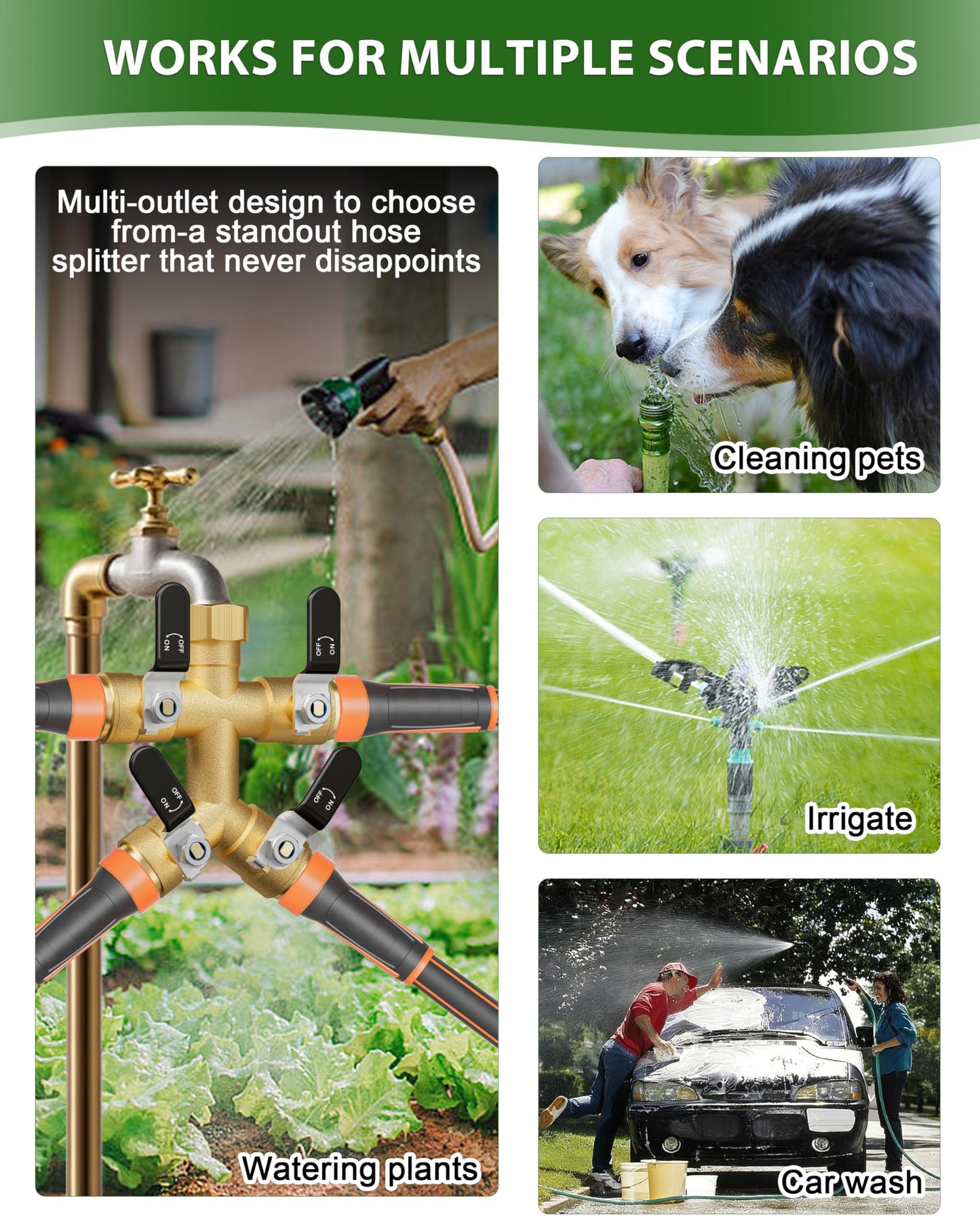 4 Way Hose Splitter, Heavy Duty Brass Garden Hose Splitter, Water Hose Bib Spigot Splitter with 0.59" Full Flow Ball Valve Outlet & Shut-Off Valve 3/4'' Connector Outdoor Water Faucet Adapter