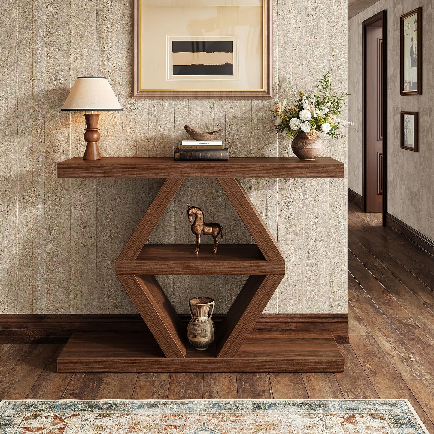 39.4-Inch Farmhouse Console Table for Entryway, Wood Behind Couch Table with Storage Shelves, Rectangular Sofa Table, Narrow Entryway Table for Entrance, Hallway, Foyer, Living Room, Entry Way Table