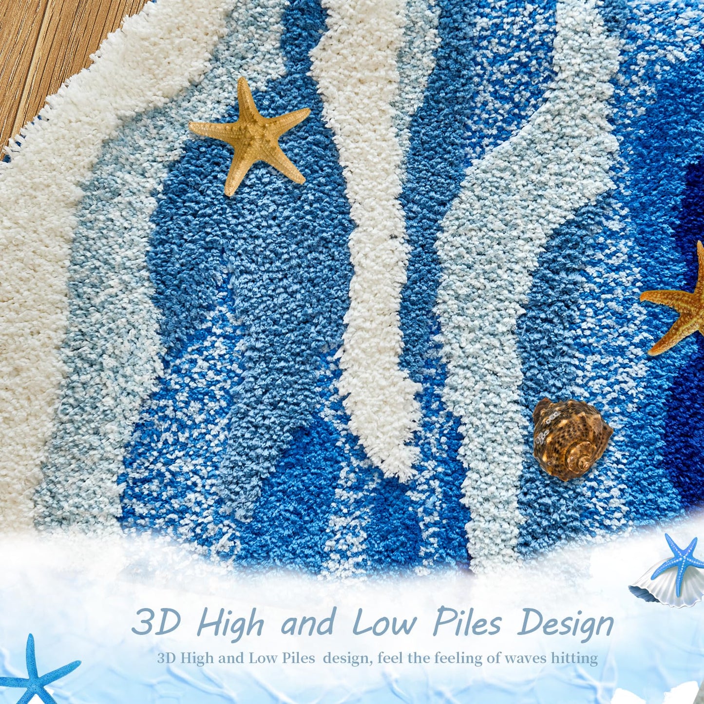 SiliPacks Blue Cute Coastal Beach Themed Bath MatsOcean Wave Tufted Bathroom Rugs, Cute Coastal Beach Themed Bath Mats, Non-Slip Washable Bath Rugs for Bathroom Bedroom Kitchen Decor(20" x47.2")