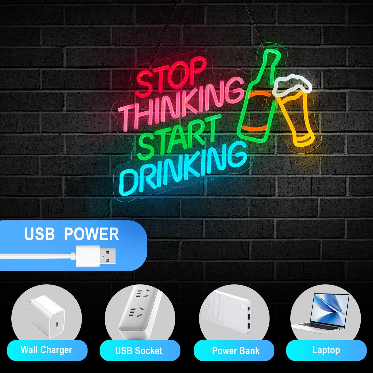 Stop Thinking Start Drinking Bar Neon Sign for Bar Sign Wall Décor with Dimmable Switch for Beer Pub LED Neon Signs Light Decor