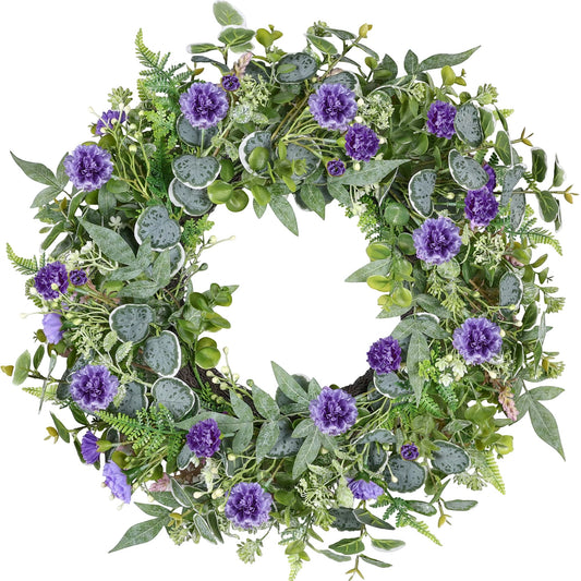 Tulvend Eucalyptus Wreaths for Front Door, 24 Inch Purple Carnation Wreath, Spring Summer Door Wreath for All Seasons for Porch Home Wall Window Office Wedding Easter Decor (Indoor Outdoor Use)