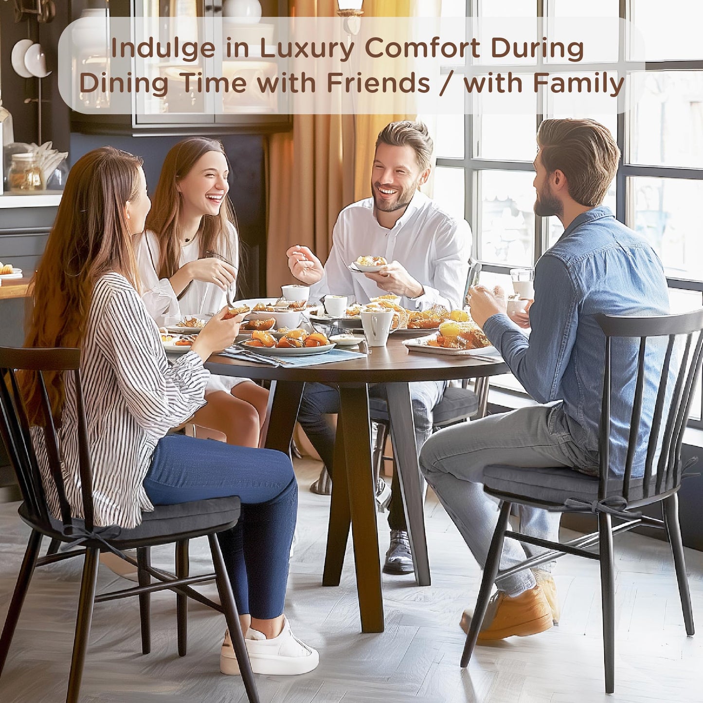 Codi Dining Chair Cushions 4 Pack, Thick Chairs Pads for Indoor Kitchen Room - Washable, Non-Slip Memory Foam Seat Cushion with Ties, 16.5"x16.5"x 3.5", Set of 4, Grey New